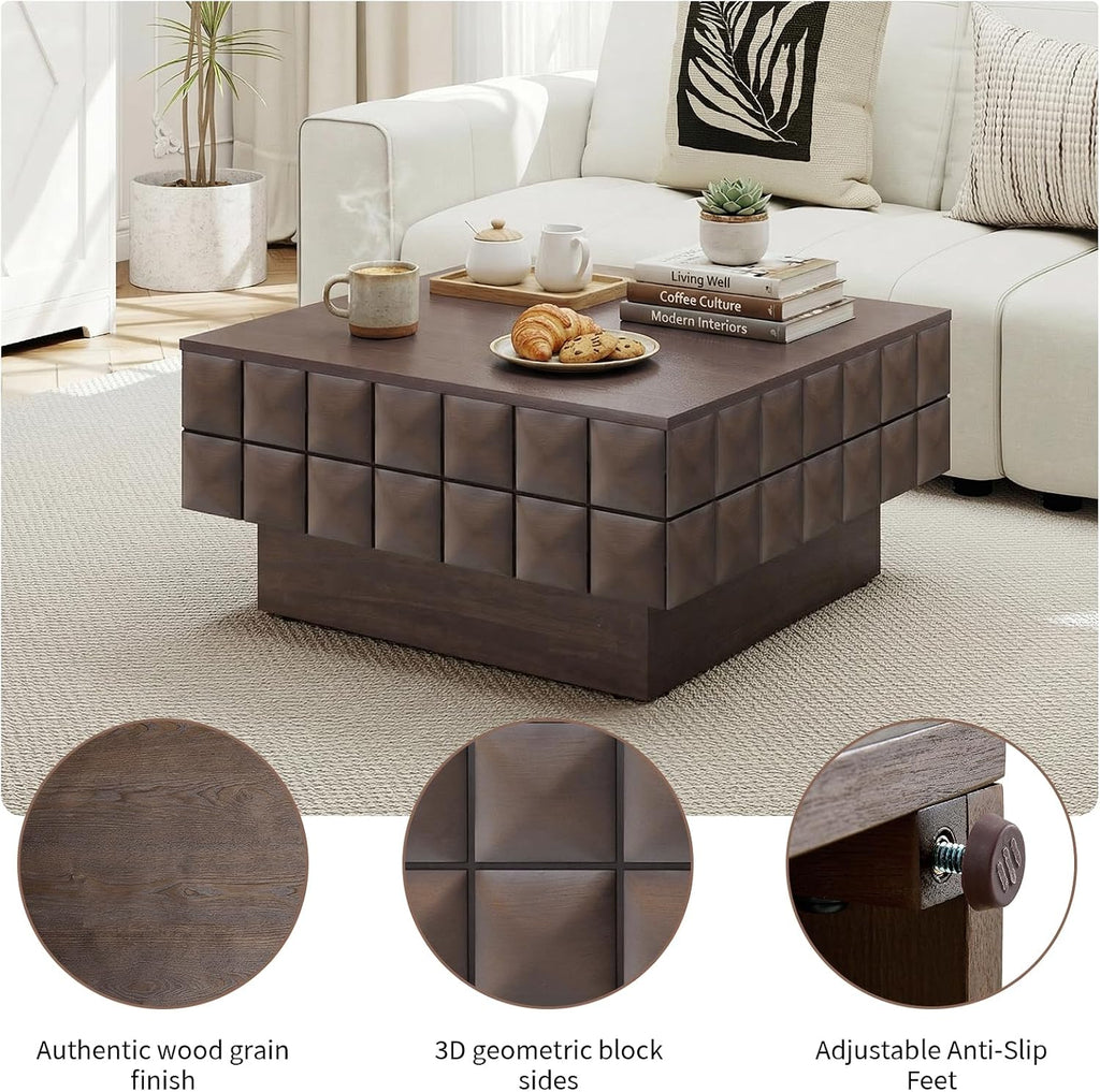 LKTART 31.89' Square Coffee Table with Hidden Storage, Mid-Century Modern Center Table with 3D Sculpted Texture, Lift-Off Flip Top Coffee Tables for Living Room Blankets & Pillows, Real Wood Veneer