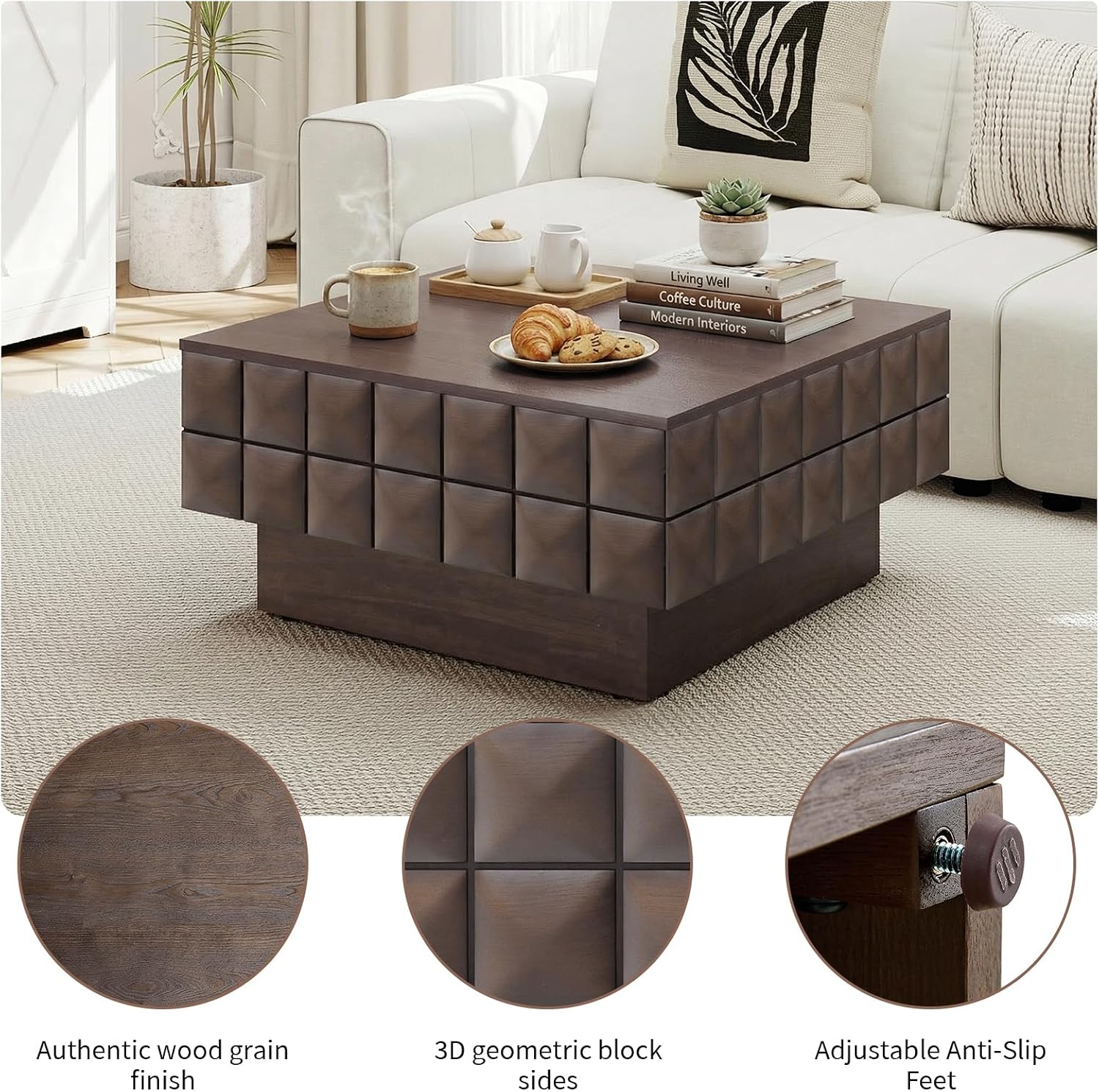 LKTART 31.89' Square Coffee Table with Hidden Storage, Mid-Century Modern Center Table with 3D Sculpted Texture, Lift-Off Flip Top Coffee Tables for Living Room Blankets & Pillows, Real Wood Veneer