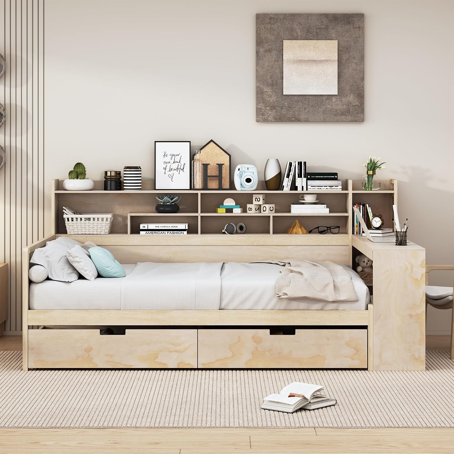 SOFTSEA Full Size Daybed with Storage Bookcase & Drawers, Wood Daybed with Study Desk and Storage Shelves for Kids Teens Adults, Full Corner Bed Frame with Storage Headboard, Antique Natural