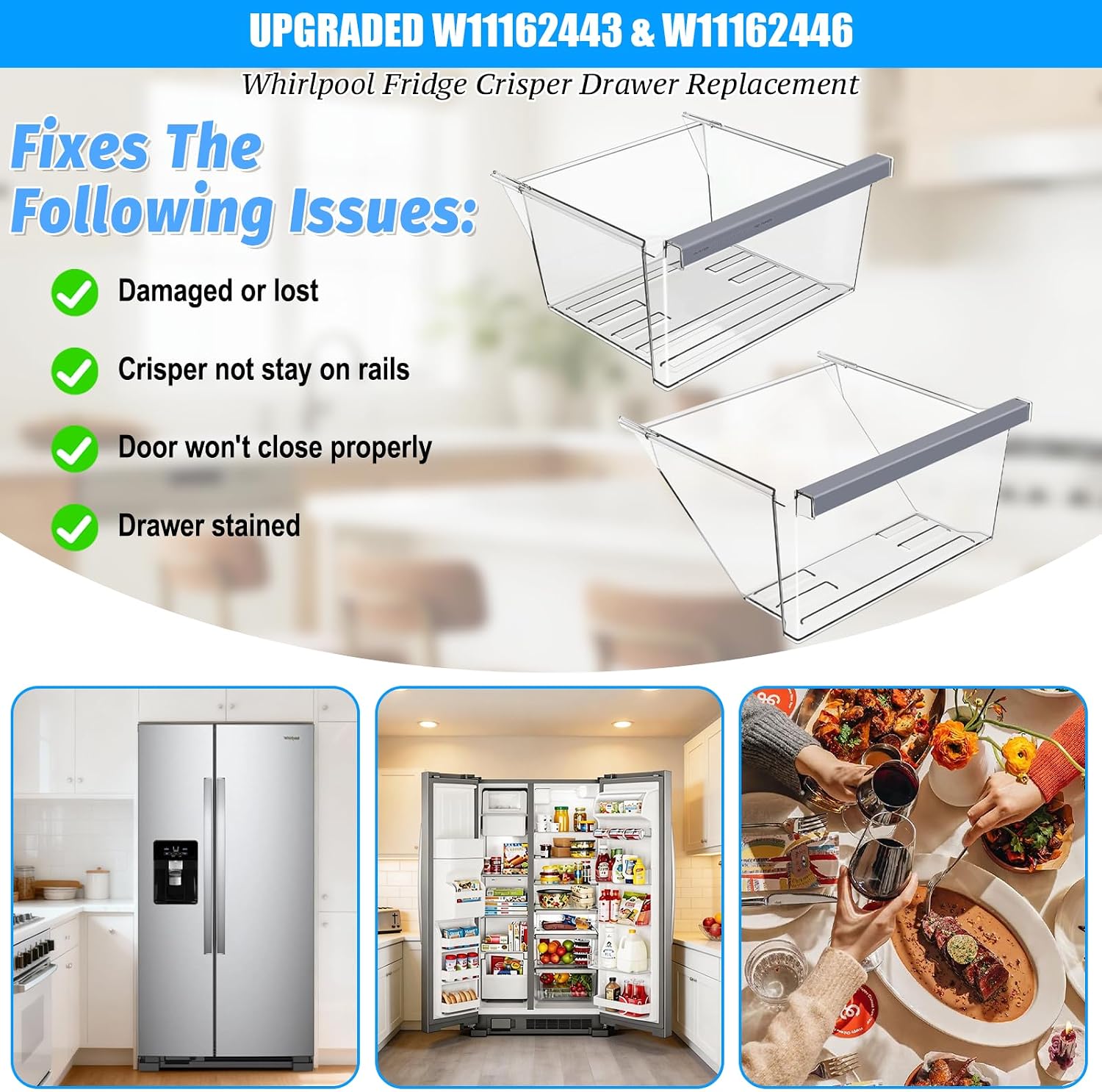 UPGRADED W11162443 Refrigerator Drawer & W11162446 Whirlpool Crisper Drawer Compatible with Whirlpool Fridge Drawer Replacement Parts WRS325SDHZ05 WRS315SDHM01 WRS555SIHZ03 Crisper Bins Drawer,2 Pack