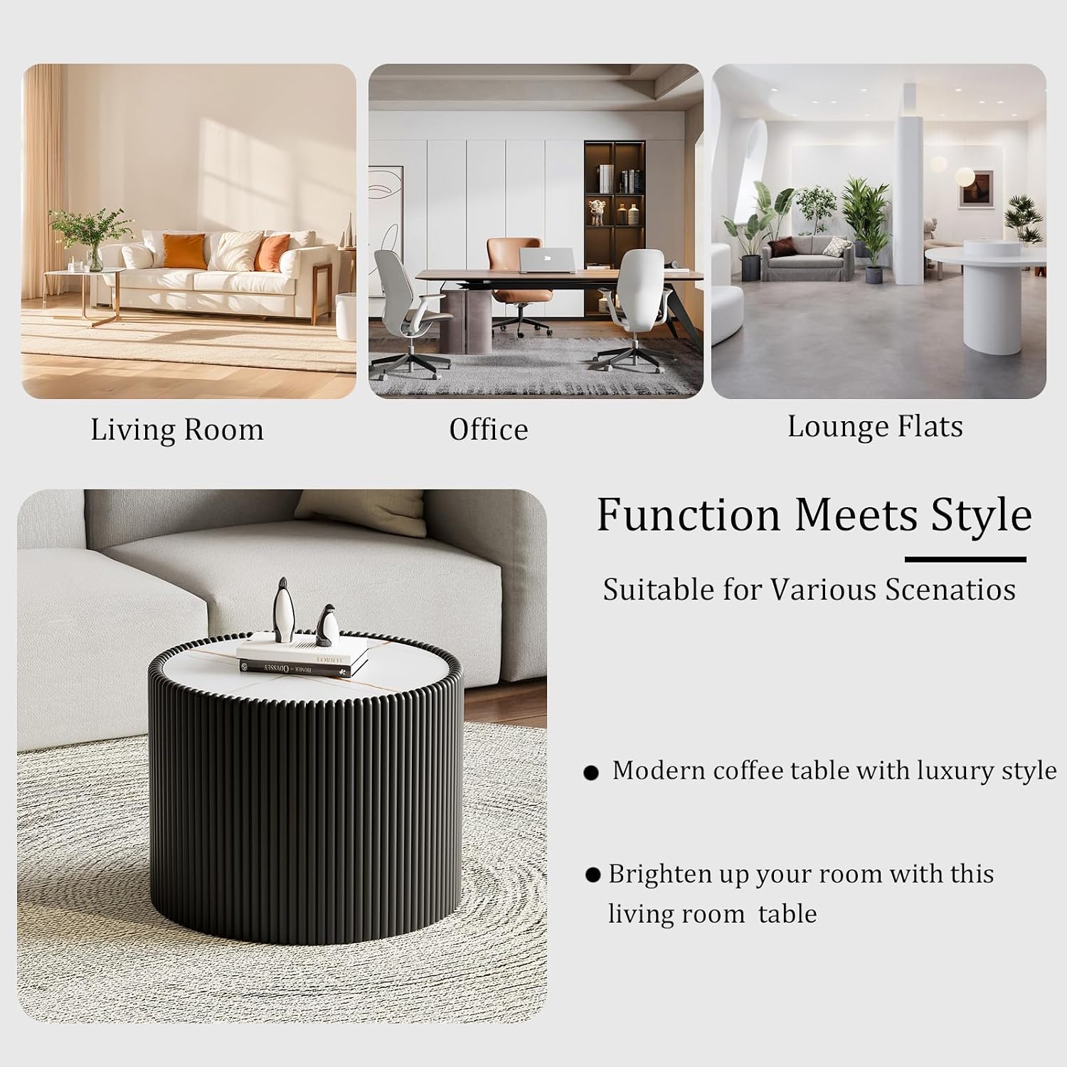 Round Coffee Table Set with Sintered Stone Tabletop, 29.52' Black Drum Center Table and 17.71' Black Coffee Table Set, 2 Pieces Living Room Table Set with Fluted PU Leather Cover& Stable Base