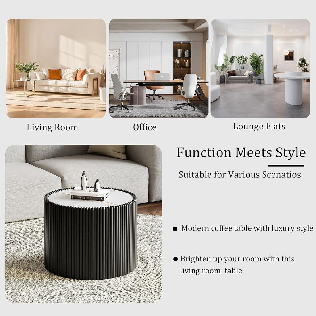 Round Coffee Table Set with Sintered Stone Tabletop, 29.52' White Drum Center Table and 17.71' Black Coffee Table Set, 2 Pieces Living Room Table Set with Fluted PU Leather Cover& Stable Base