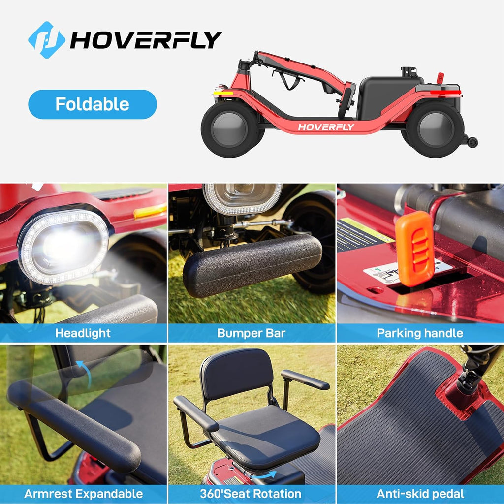 Hoverfly T5 Mobility Scooter for Seniors, Max 16.8-Mile Range & 5 mph, 3-Position Seat & Anti-slip Rear Wheel, Removed Battery & Quick Fold Design, Solid 9' Tire &330 lb Capacity, Ease of Assembly Red