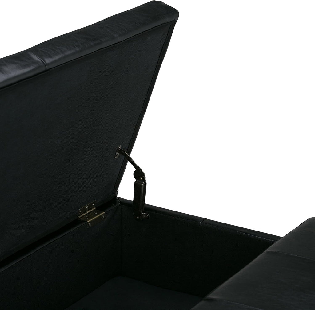 SIMPLIHOME Dover 36 inch Wide Contemporary Square Coffee Table Storage Ottoman in Midnight Black Vegan Faux Leather, Assembled, For the Living Room and Bedroom