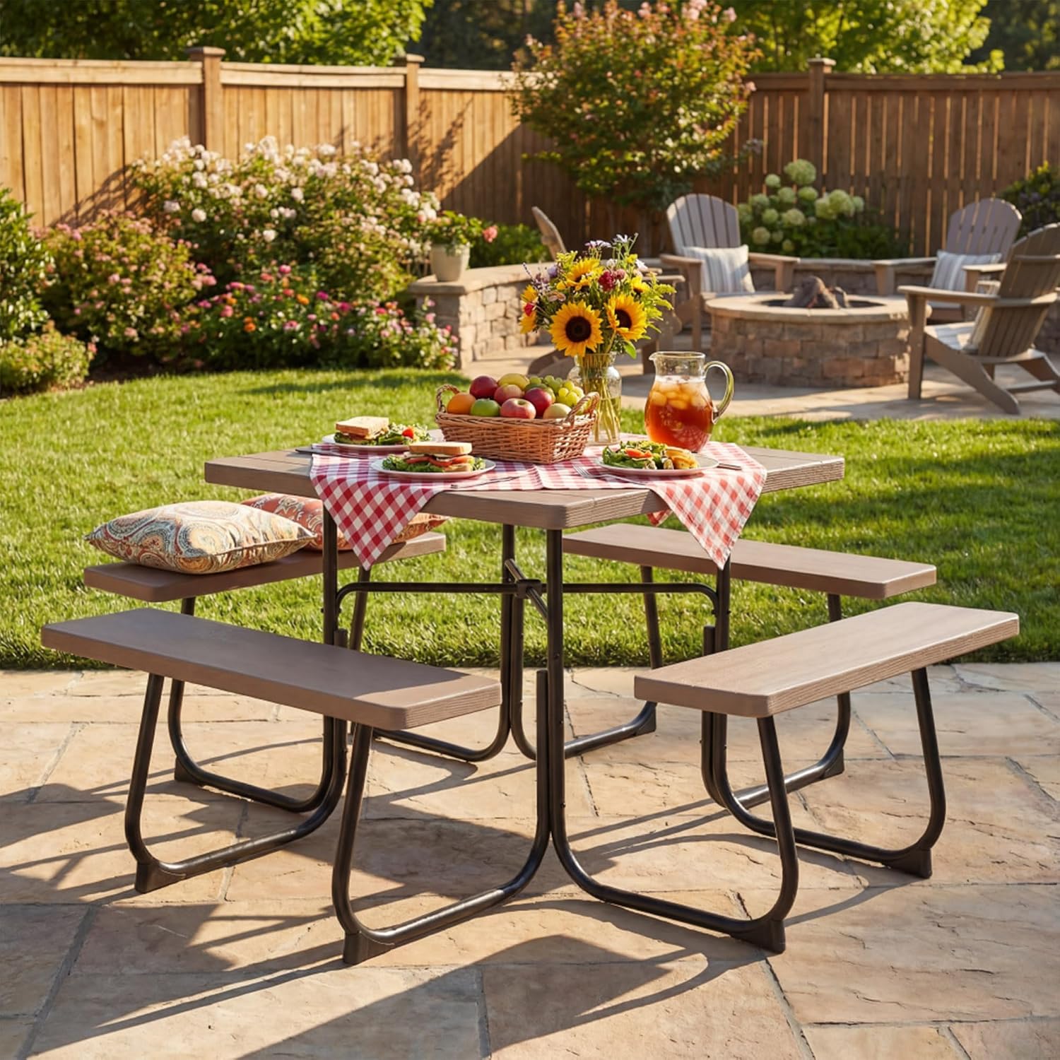 Tangkula 8 Person Picnic Table, Outdoor Square Picnic Table with 4 Built-in Benches, Umbrella Hole, Metal Frame & HDPE Tabletop, Outside Table and Bench Set for Backyard, 2300lbs Weight Capacity
