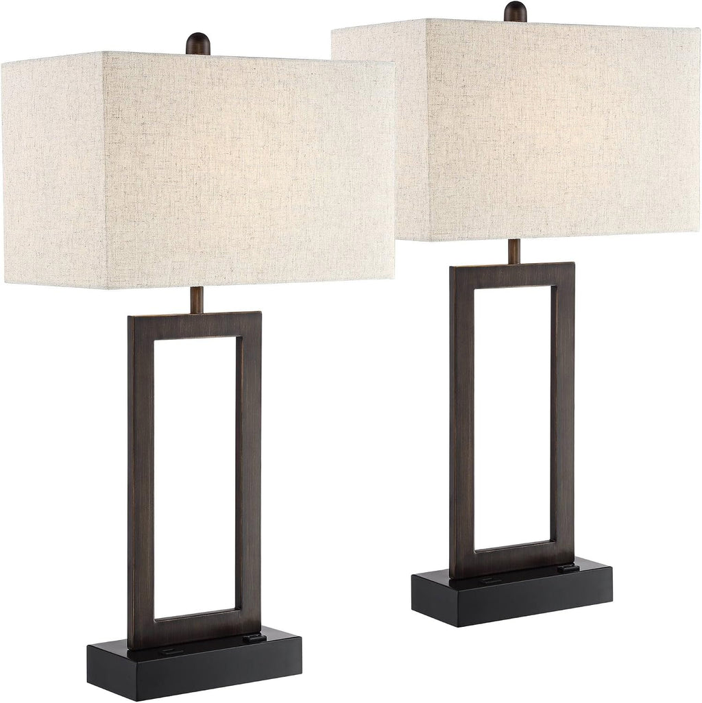 360 Lighting Todd Modern Table Lamps Set of 2 with USB and AC Power Outlet in Base 30' Tall Bronze Metal Oatmeal Fabric Rectangular Shade for Bedroom Living Room Bedside Nightstand House