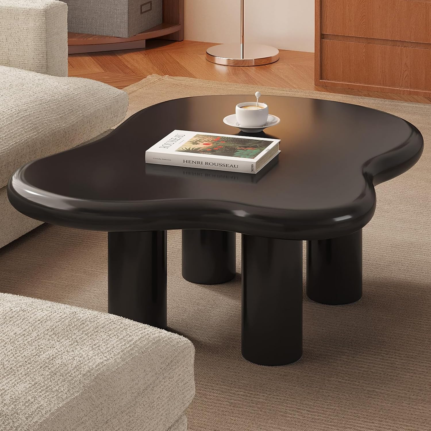 35.43' Cloud Shape Coffee Table, Modern Round Edge Black Coffee Table with 4 Sturdy Support Legs and 2.28' Thick Tabletop for Living Room, Bedroom