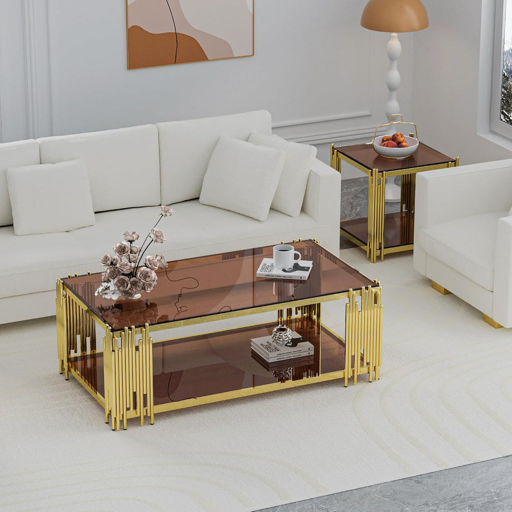 Brown Glass Coffee Table Modern Gold Living Room Table Luxury Stainless Steel Metal Leg 43' Rectangular Tempered Glass Center Tables for Home Office