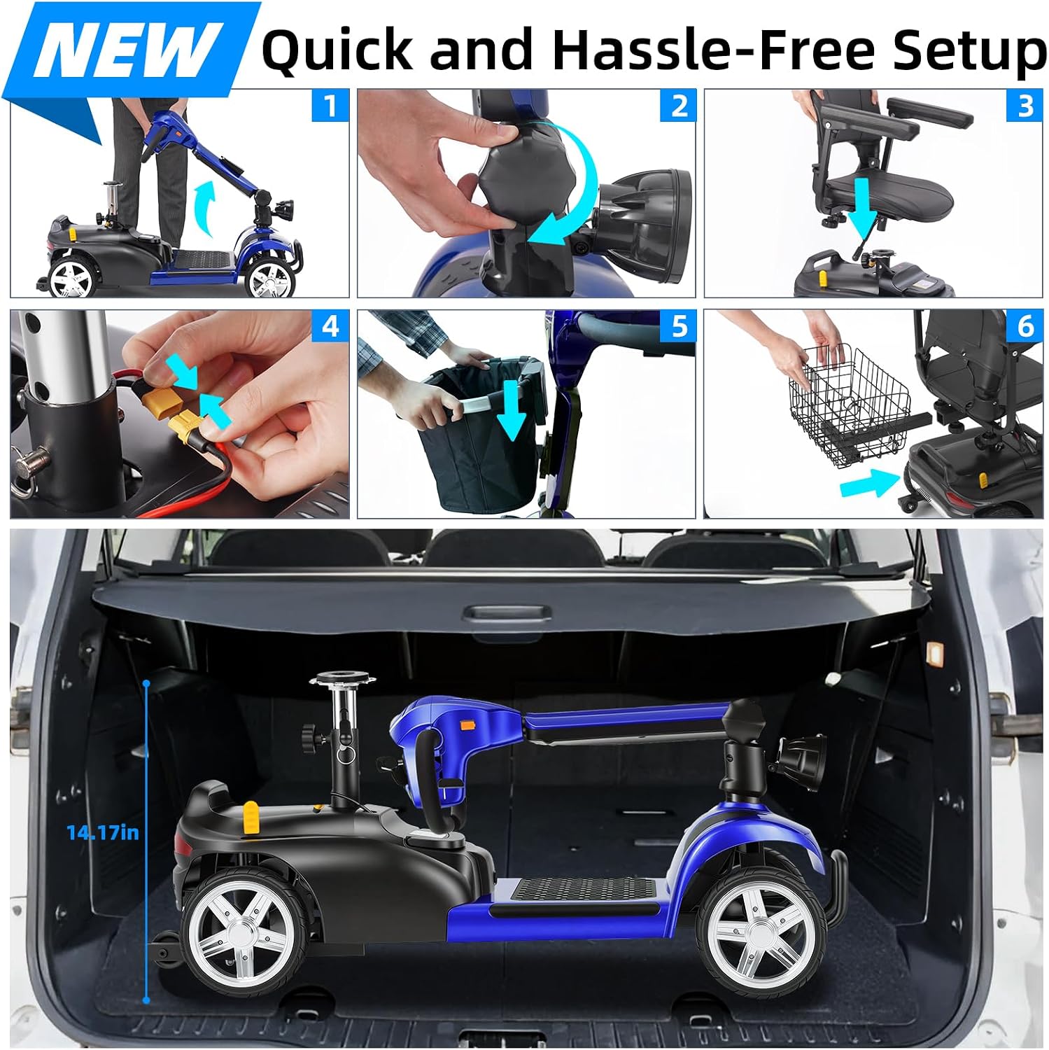 20 Miles 4 Wheels Mobility Scooter for Seniors/Adults Up to 300LBS,350W Electric Wheelchair Detachable Lithium Battery,Dual Baskets,Rotating Seat,with Taillight, USB Charging, Blue 18AH