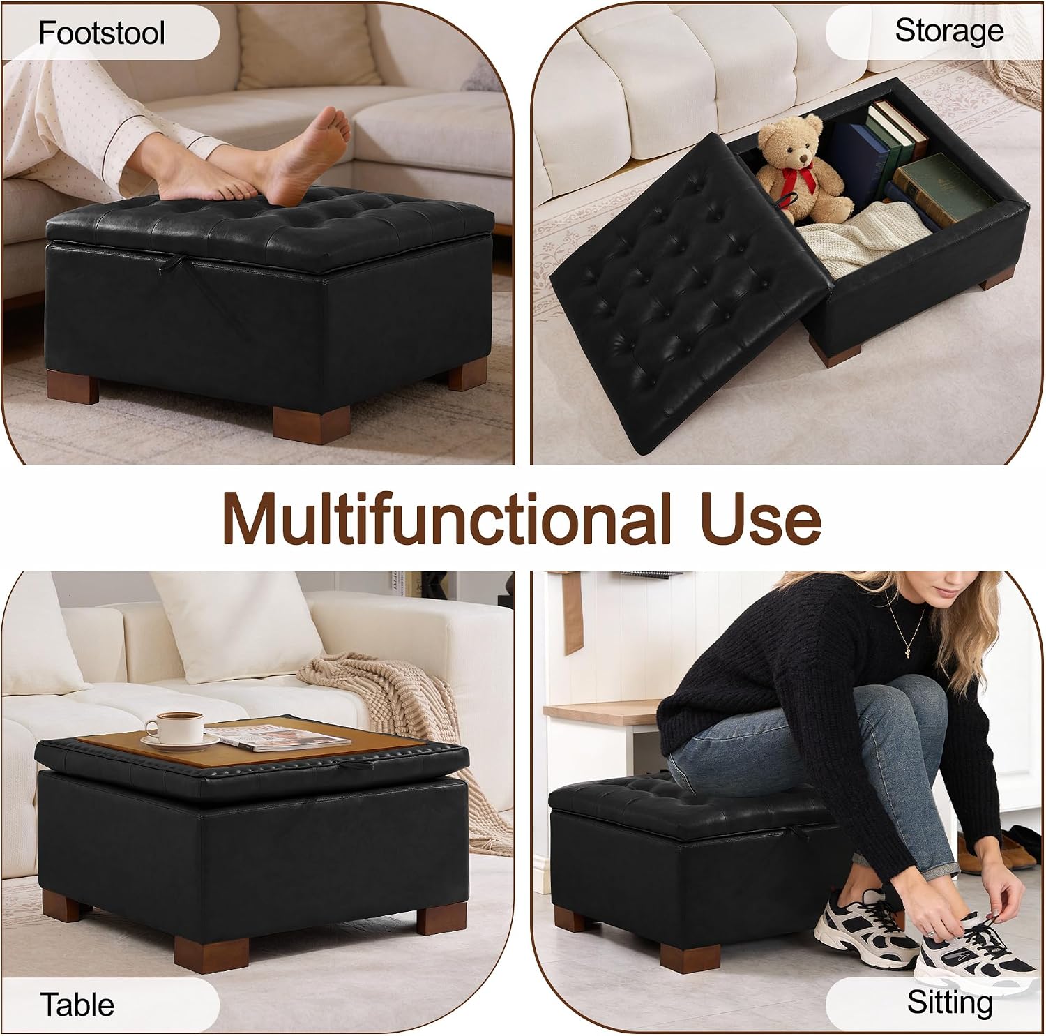 WUTUTUEE 30' Faux Leather Square Storage Ottoman with Wooden Tray, Modern Tufted Button Footstool Coffee Table, Upholstered Large Ottoman for Living Room, Bedroom, Black