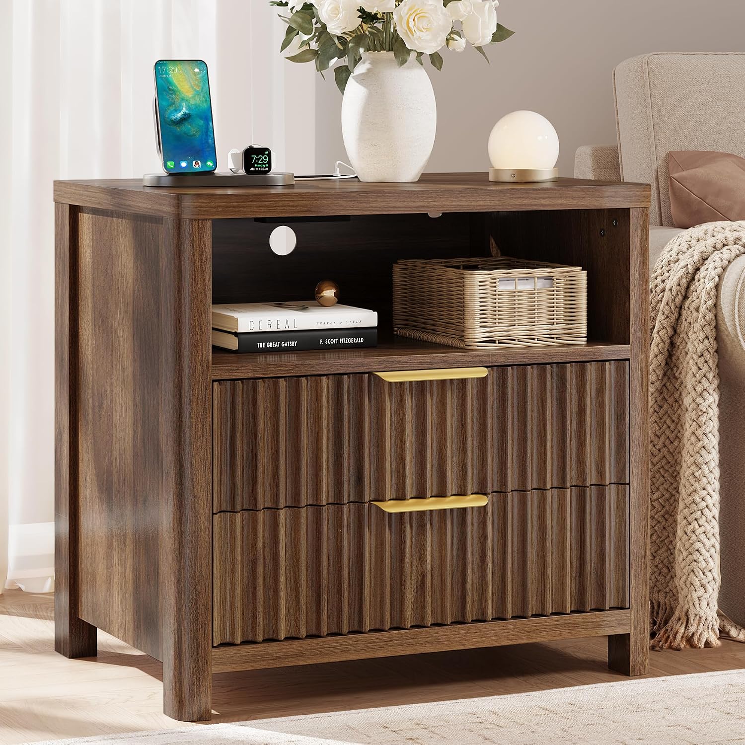 CypBed 23' Wide Fluted Nightstand with Charging Station,24'' Tall Modern Mid Century Night Stand with 2 Drawers,Wood Bedside Table with Curved Profile Design,Large End Table for Bedroom,Walnut,1 Pcs