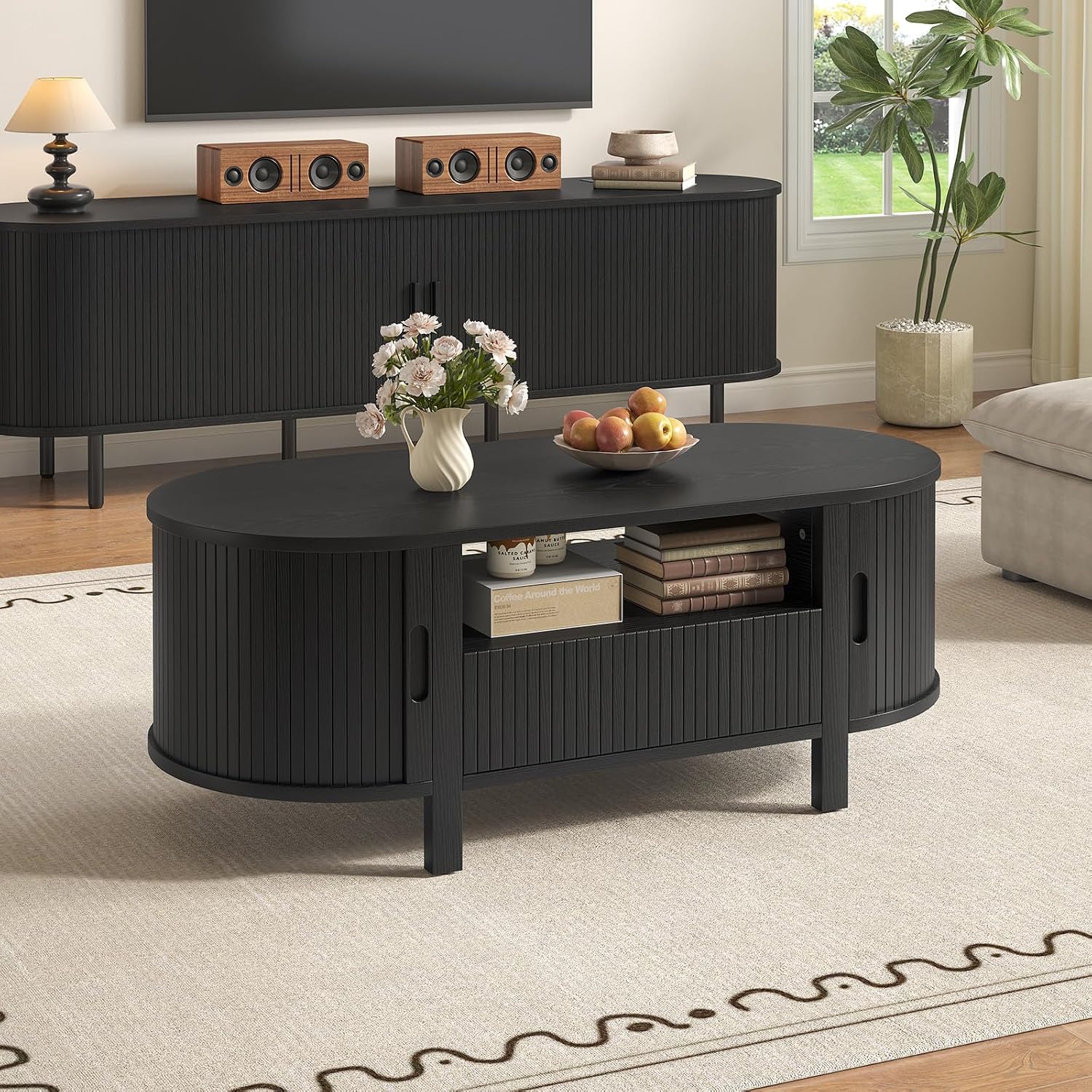 47.2' Fluted Coffee Table, Oval Coffee Table with 1 Drawer and 1 Open Shelf, Mid-Century Modern Center Tables with Storage and Sliding Doors, Coffee Tables for Living Room, Black