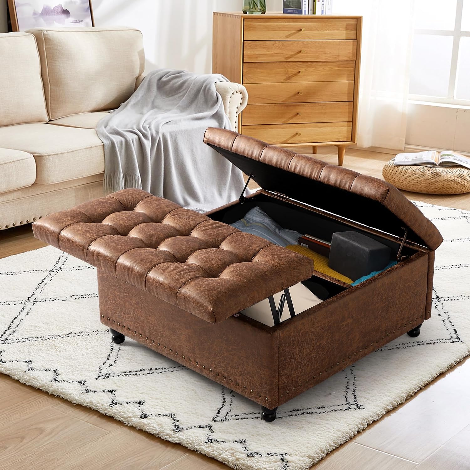 Grepatio Square Tufted Ottoman with Storage - 35.5' Large Lift-Top Storage Ottomans Upholstered Coffee Table for Living Room Bedroom (Brown)