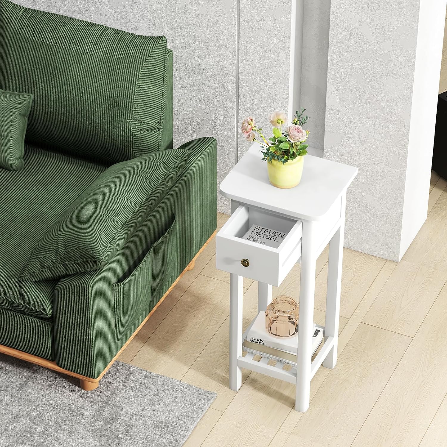 BECOMFORT Wooden End Table, Acacia Wood Bedside Table w/Shelf & Handy Drawer, Narrow Nightstand for Small Spaces in Living Room & Bedroom, No Assembly Required, 13.5' x 11.5' x 31.5' (2, White)