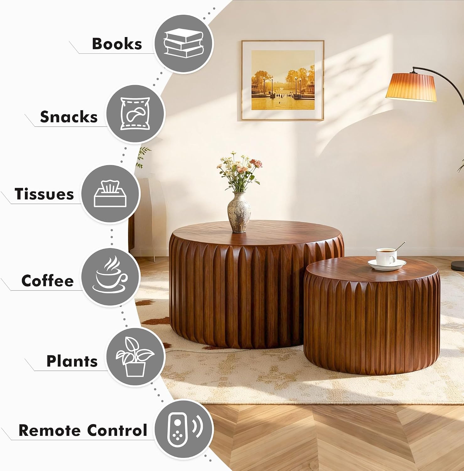 Round Nesting Coffee Table Set of 2, Mid Century Modern Wood Fluted Coffee Table, Drum Circle Coffee Tables for Living Room, No-Assembly Center Table End Side Table for Home, Office