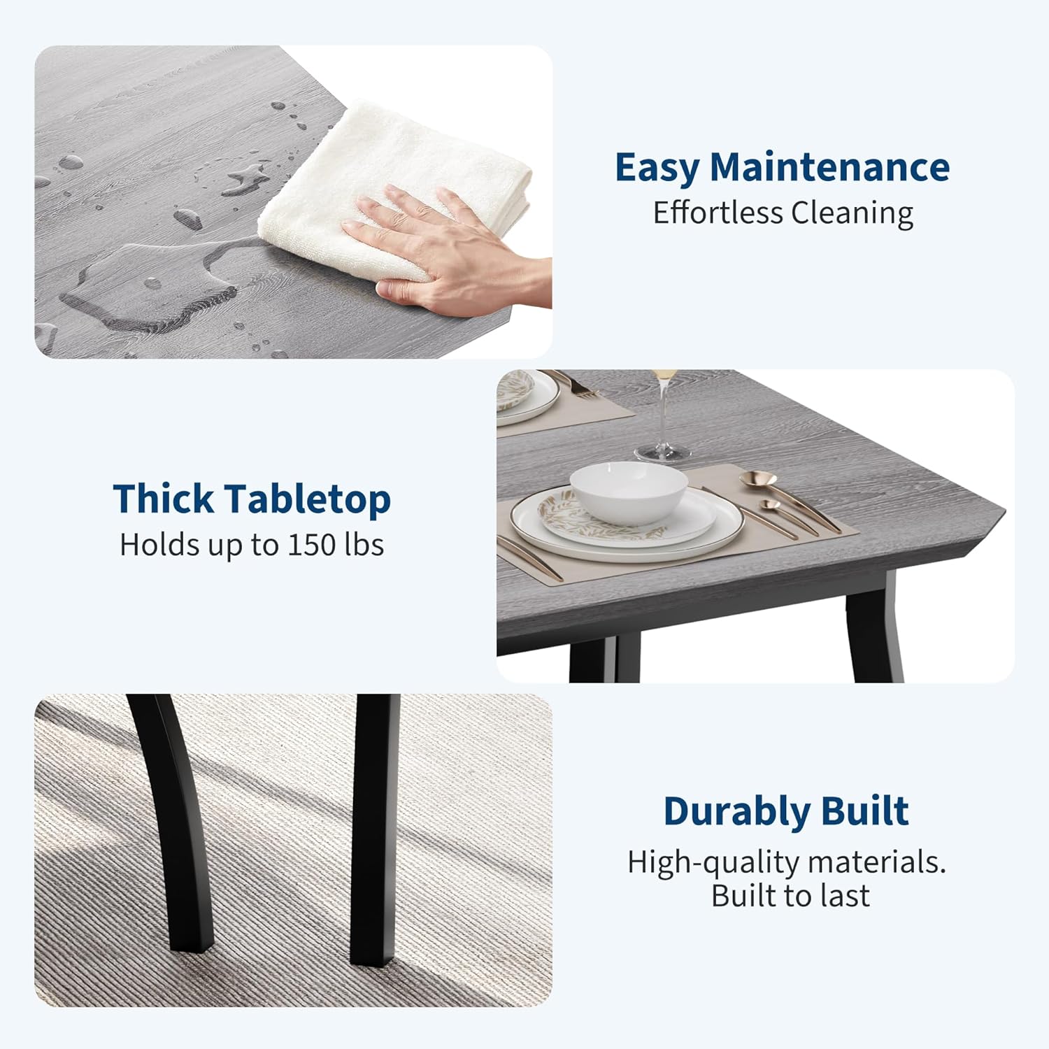 Dining Table for 4, 3-Piece Kitchen Table Set for 4 with Wooden Tabletop and Metal Frame, Industrial Kitchen Table with 2 PU Leather Benches for Bar, Dining Room, Restaurant(43''x28''x30''), Gray
