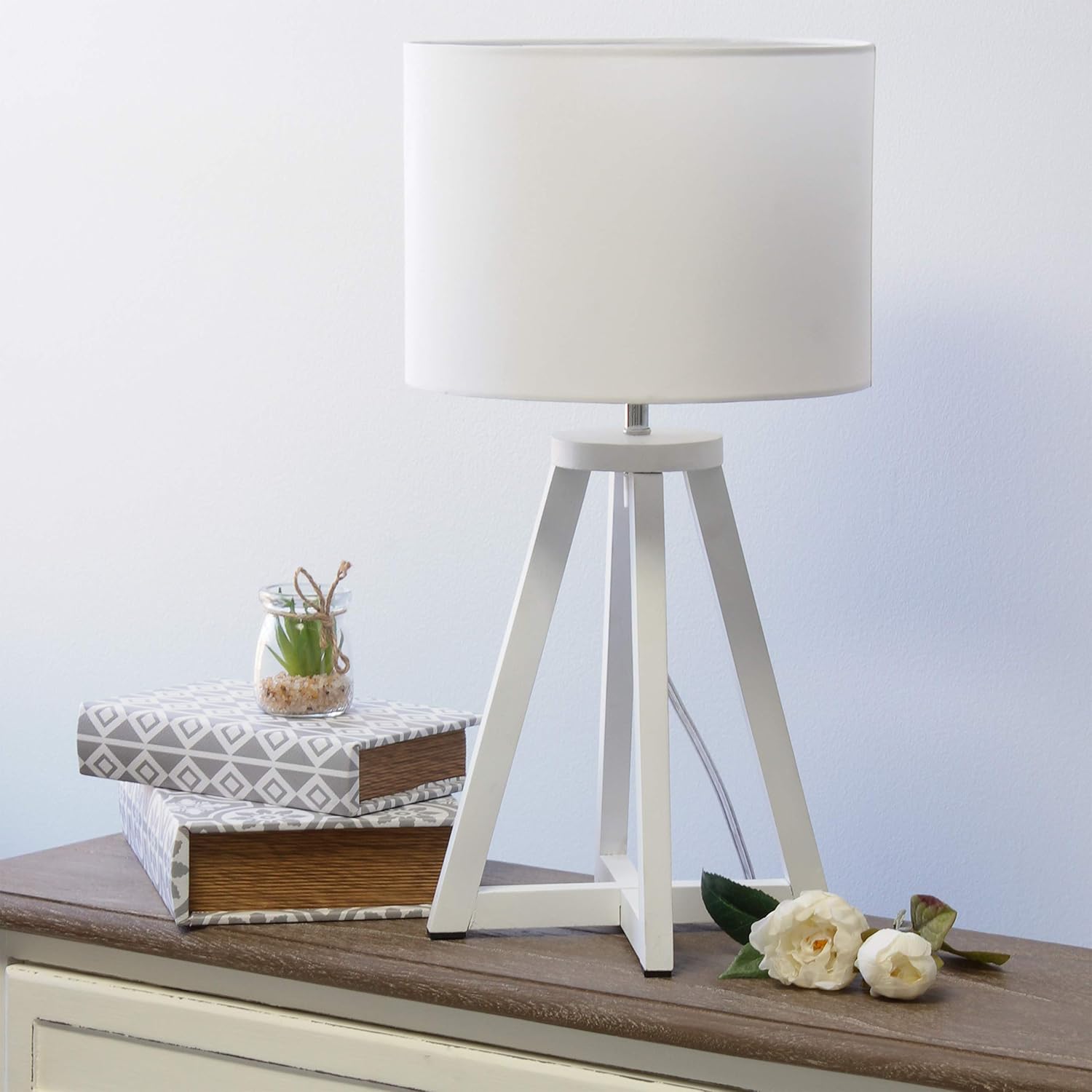 Simple Designs LT1069-WOW Interlocked Triangular White Wood Table Lamp with White Fabric Shade (Pack of 4)