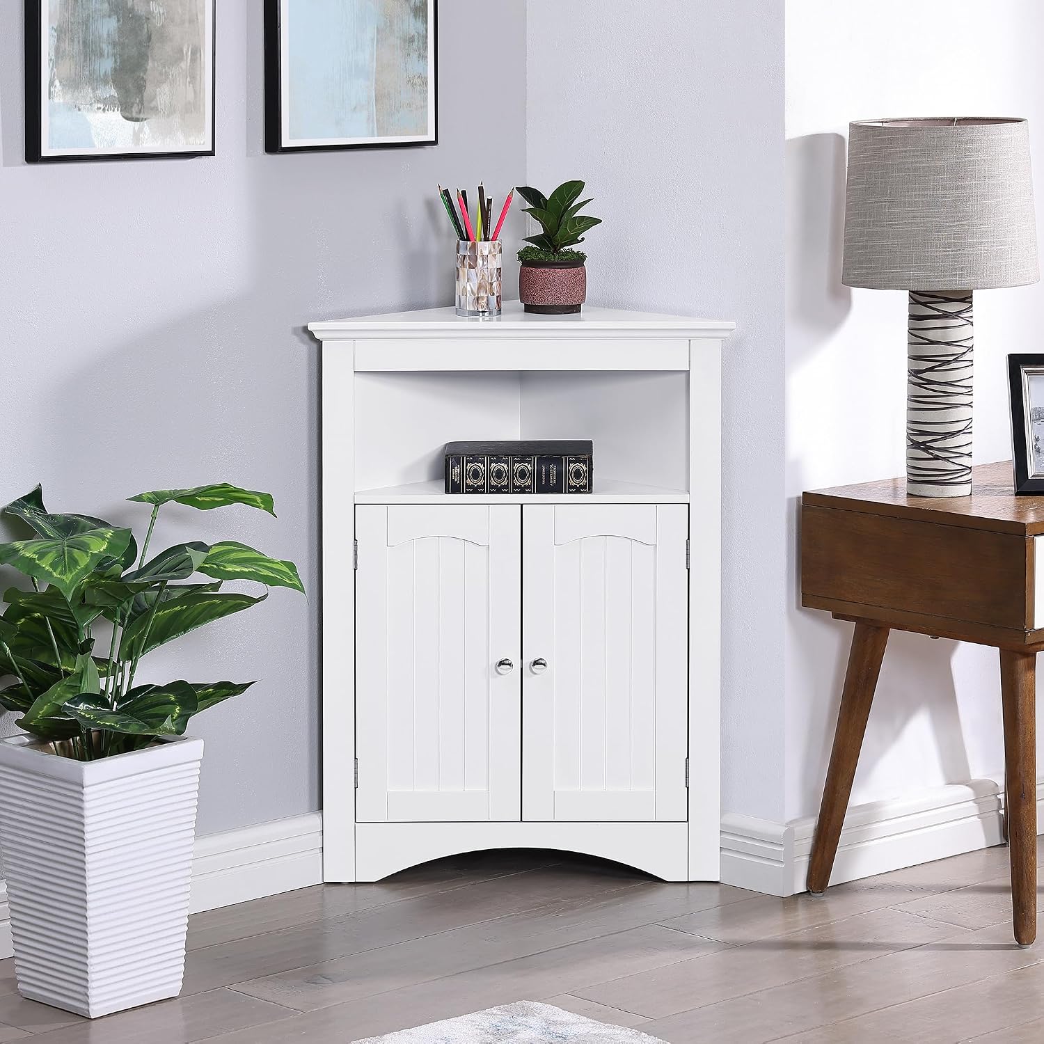 Small Corner Storage Cabinet with Doors and Adjustable Shelves Bathroom Corner Floor Cabinet for Living Room, Bathroom, Kitchen - White