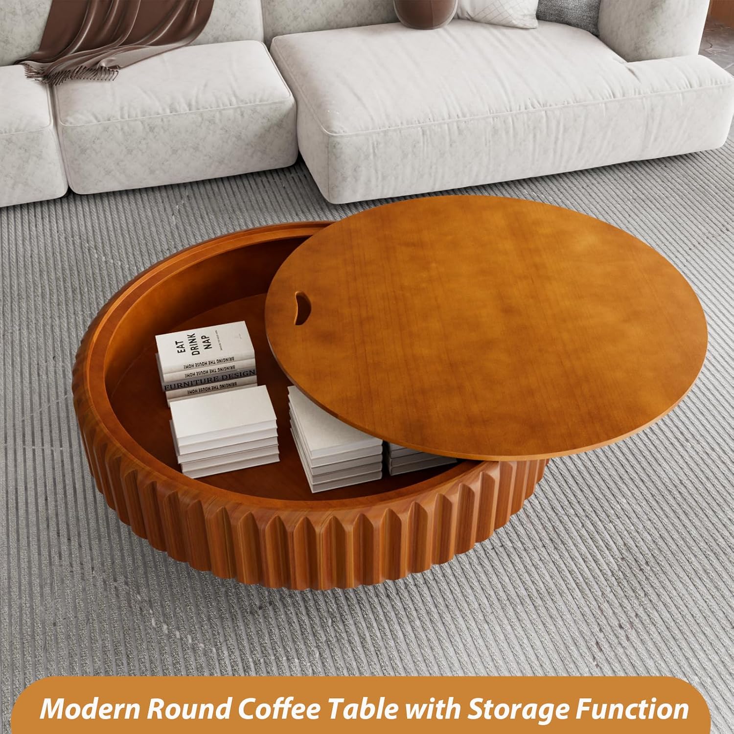 Drum Coffee Table with Hidden Storage, Modern Round Coffee Table for Living Room Circle Center Table with Solid Wood Fluted Veneered, Accent Tea Table for Small Space Apartment (Walnut 39.37 inch)