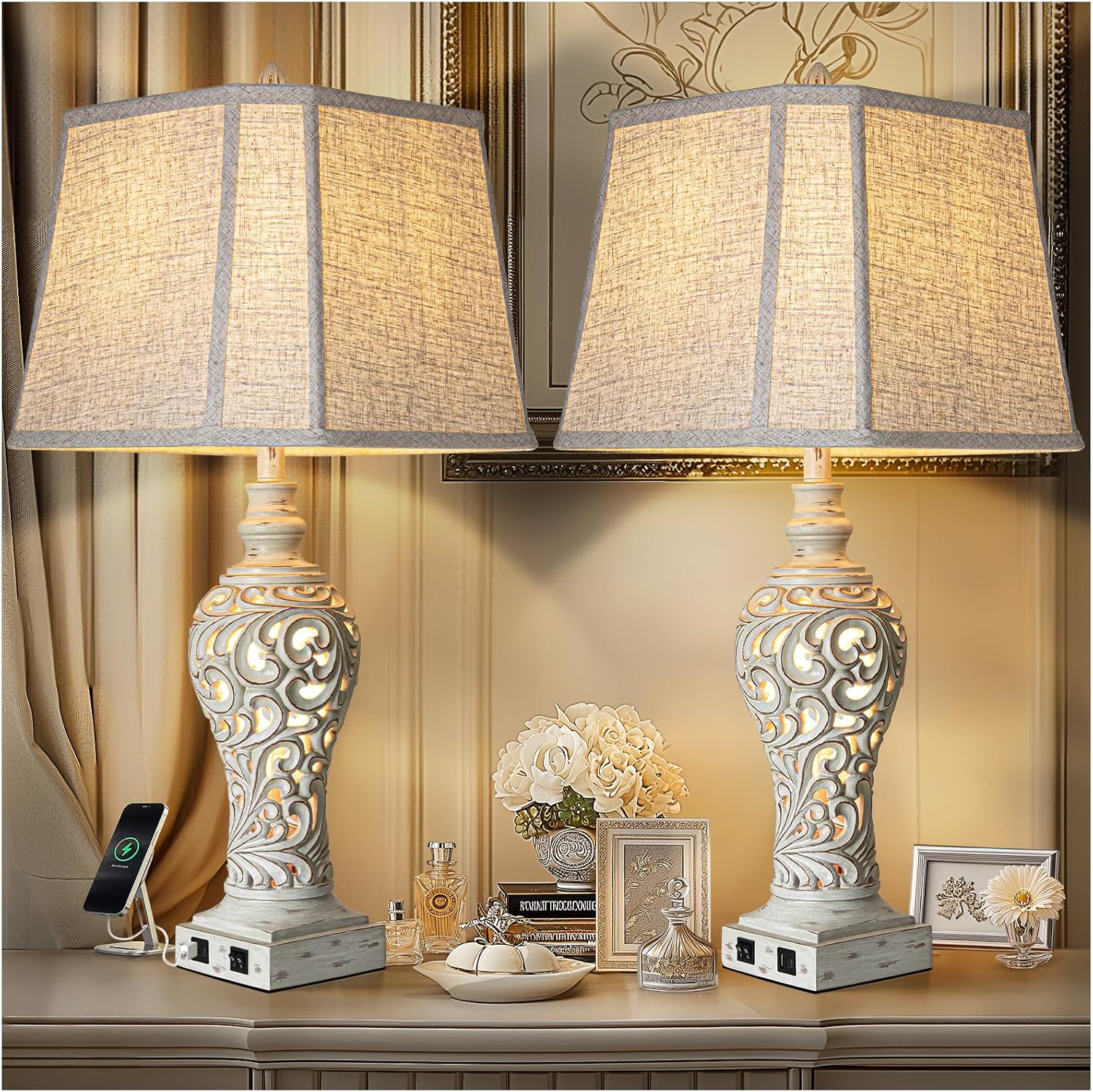 LuxSight Collection 32' Tall Table Lamps Set of 2 - Bedside Lamp with Fabric Shades - for Bedroom and Living Room with USB and Nightlight - Perfect for Nightstands and Bedrooms - Bulbs Included