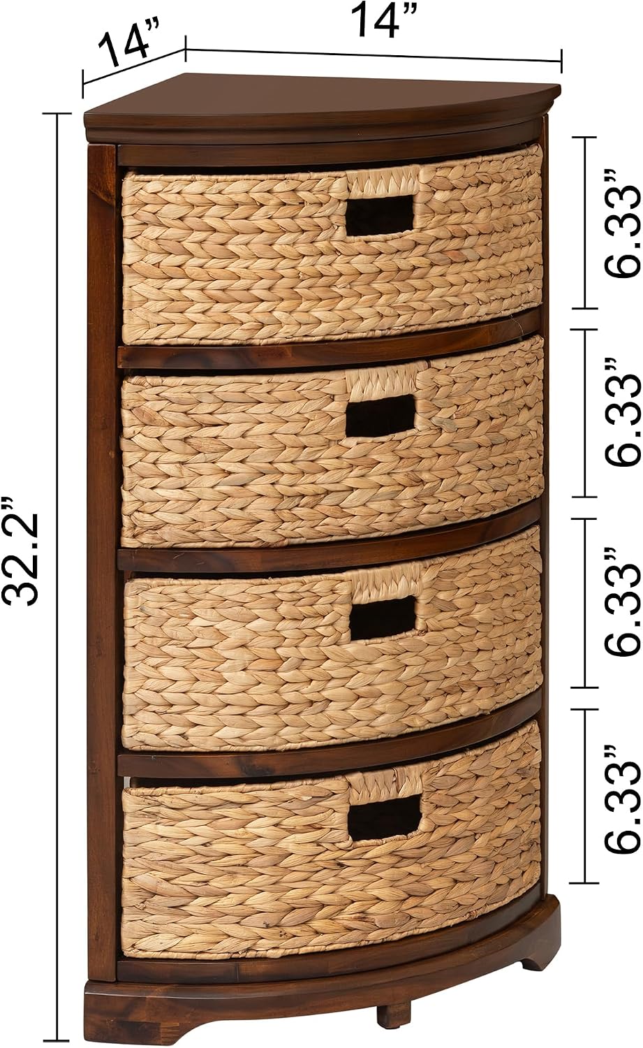 eHemco Hampton Meadows 4 Tier X-Side Corner Table Storage Cabinet with 4 Wicker Baskets, Walnut