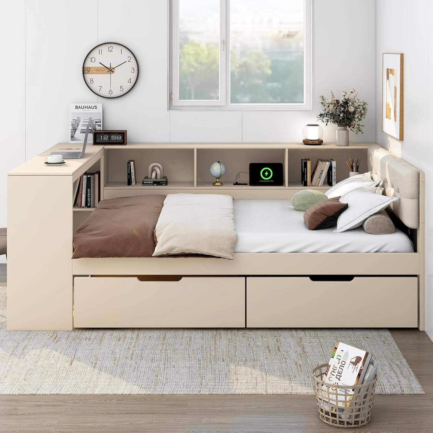 Bellemave Full Size Corner Bed Frame with Storage Drawers and Desk,Captain Daybed with L-Shaped Bookcase,Corner Bed Frame Full Size with Charging Station for Kids,Teens,Guests,Cream