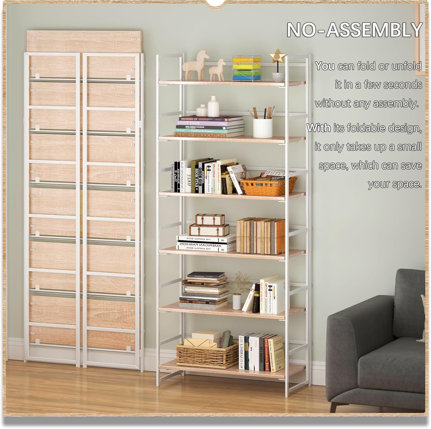 4NM No Assembly 6 Tier Collapsible Book Shelves, 61.8' H x 23.6' W Folding Bookshelf Bookcase Open Industrial Foldable Shelf for Bedroom, Living Room, Home Office - Natural White