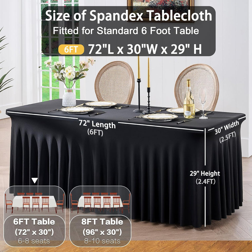 8 Pack Spandex Black Tablecloths for 6 Foot Rectangle Tables, Stretch Table Cloth 6ft Fitted Tablecover Desk Skirt for Parties Weddings Birthday Banquet Baby Shower