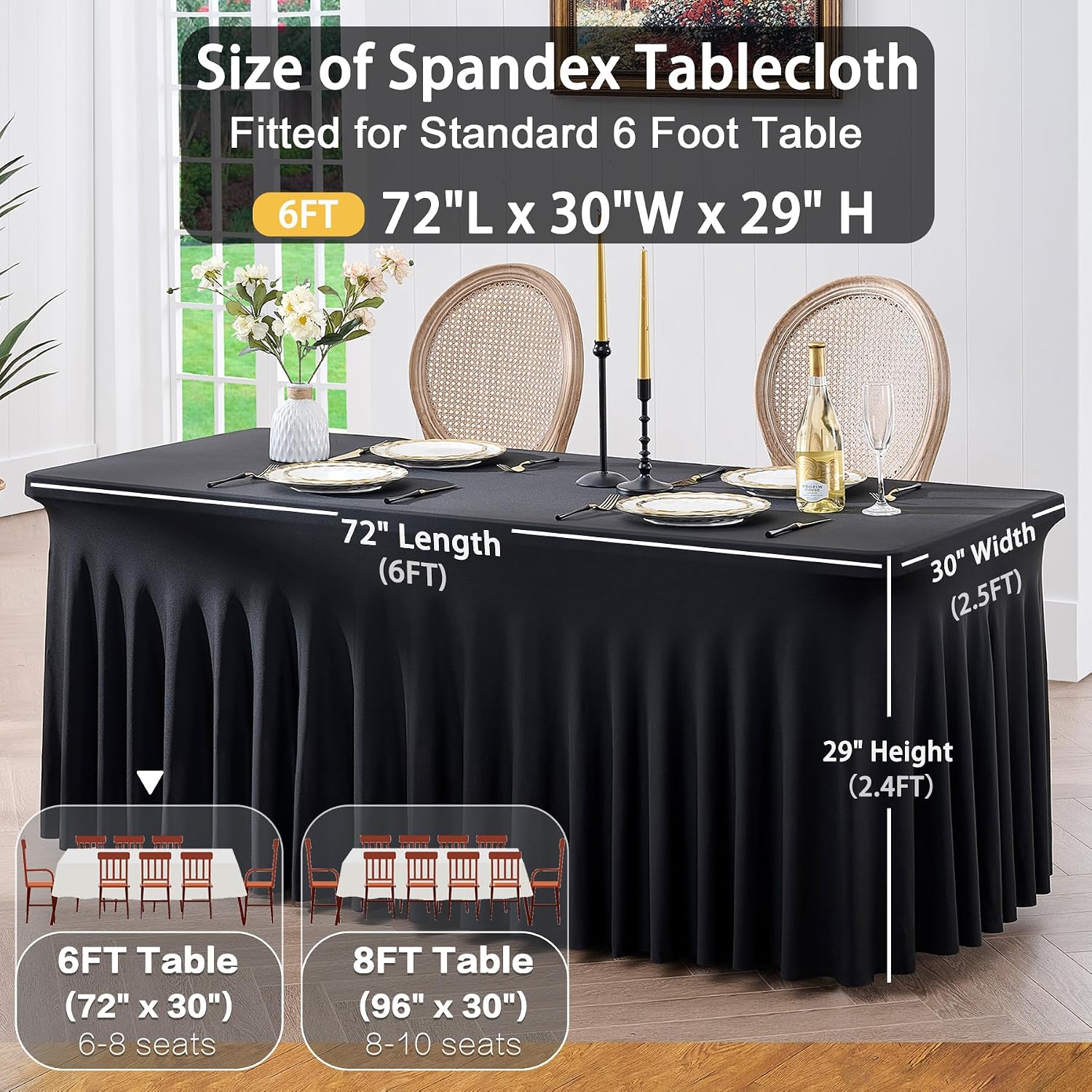8 Pack Spandex Black Tablecloths for 6 Foot Rectangle Tables, Stretch Table Cloth 6ft Fitted Tablecover Desk Skirt for Parties Weddings Birthday Banquet Baby Shower