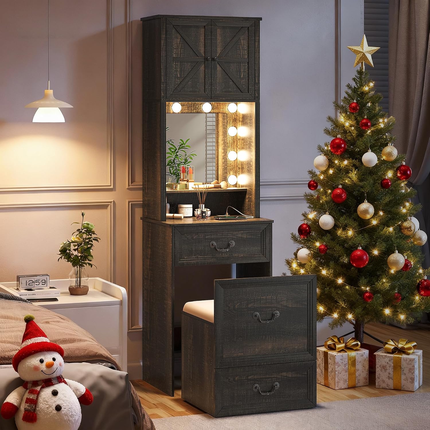 Compact Vanity with Hidden Chair, Makeup Vanity Desk with Mirror and Lights, Farmhouse Vanity Table with Storage Drawers for Bedroom, Dressing Table Gift for Girls Lady