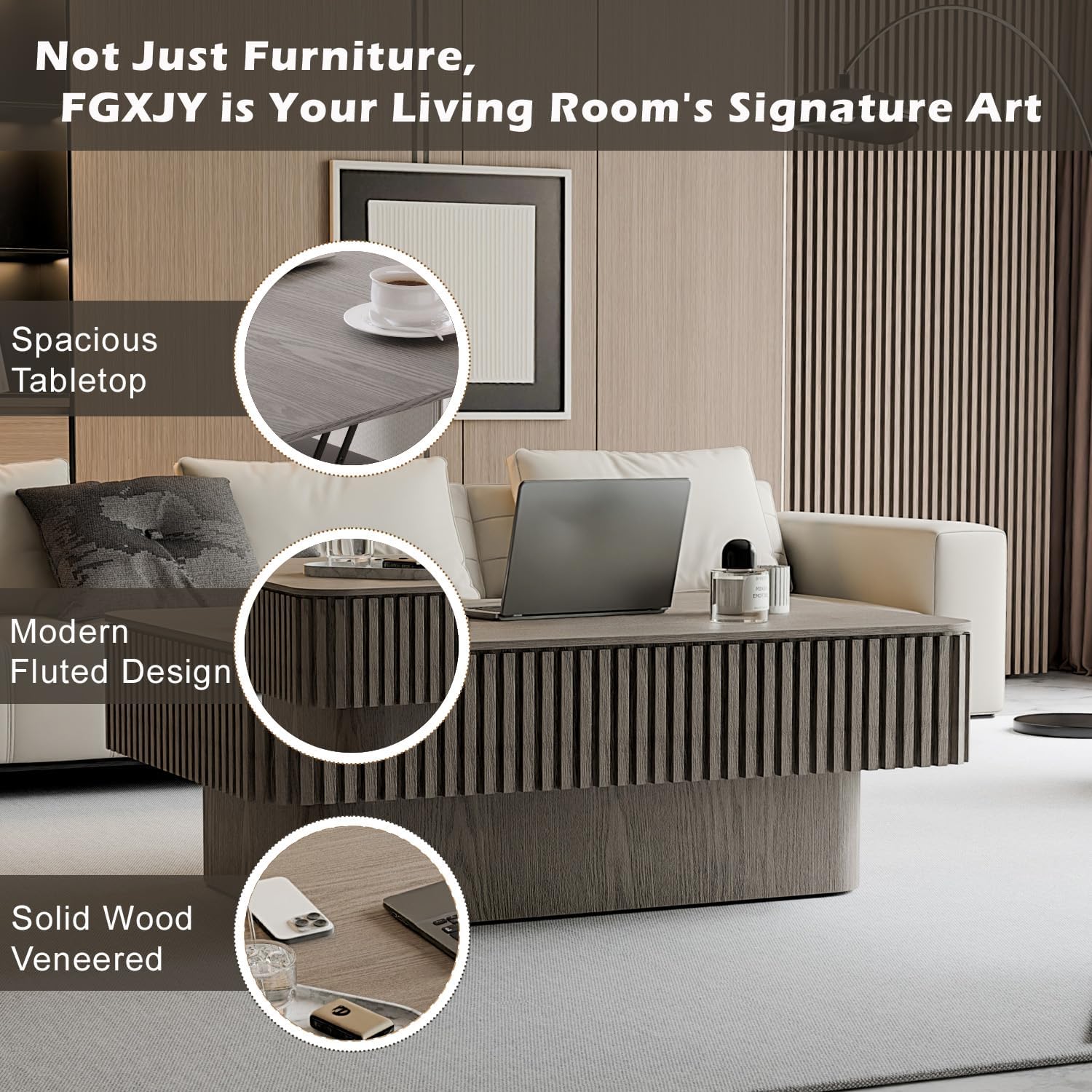 Lift Coffee Table with Storage & Adjustable Height, Rectangle Solid Wood Coffee Table Fluted Center Table Accent Tea Table or Living Room, Apartment, Office (38.6' Grey)