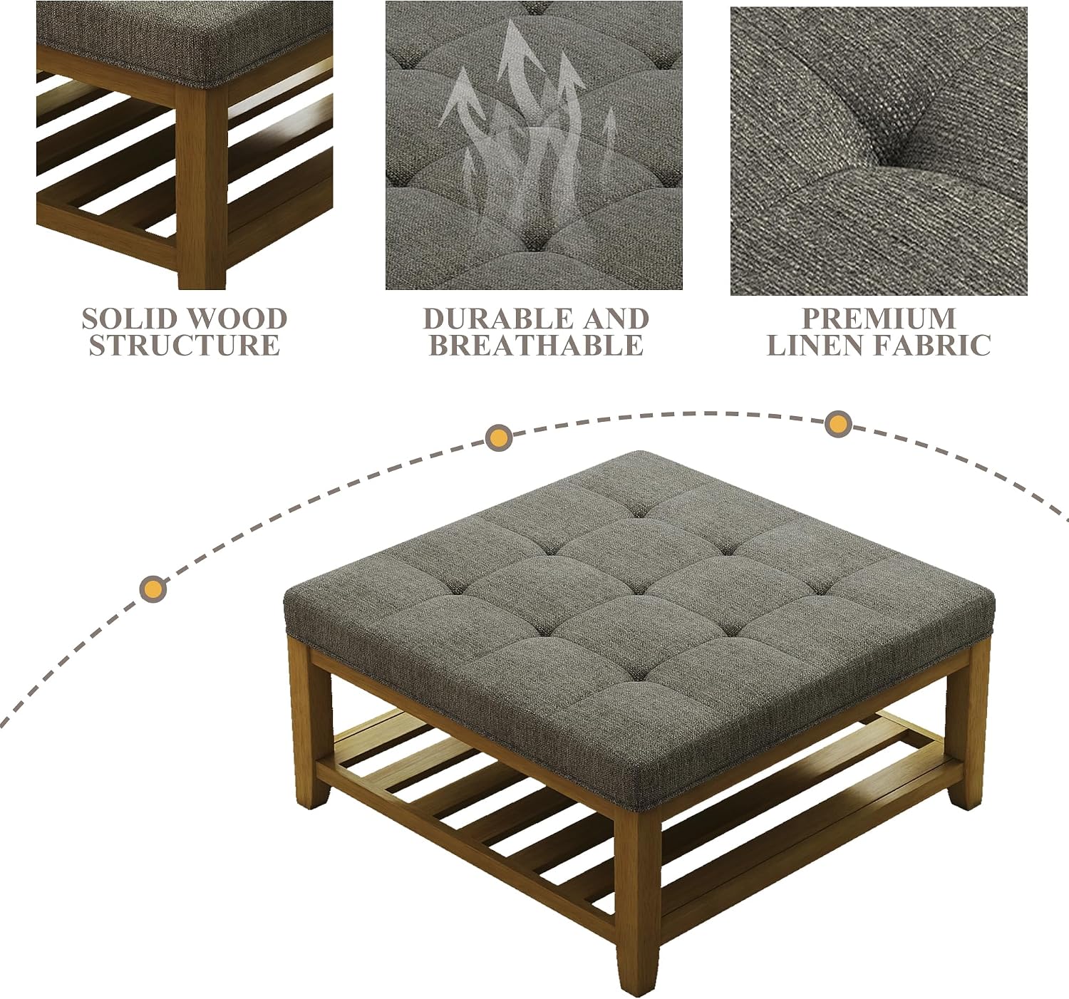 Befurtori Large Square Ottoman Coffee Table, Linen Solid Upholstered Footrest Ottoman with Solid Wood Shelf Storage Tufted Coffee Table for Bedroom Living Room, Granite