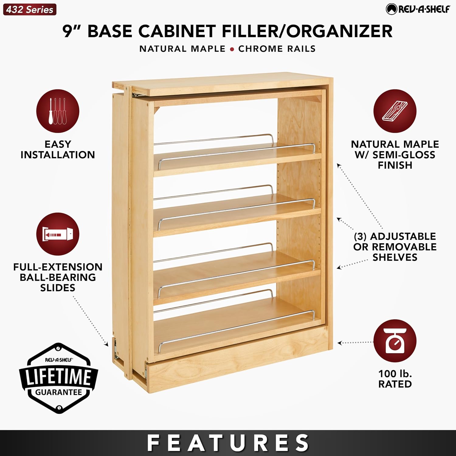 Rev-A-Shelf Pullout Shelf Organizer for Base Kitchen or Bathroom Cabinets, Wood Filler Pantry Storage or Spice Rack, Maple, 9' x 23' x 30', 432-BF-9C