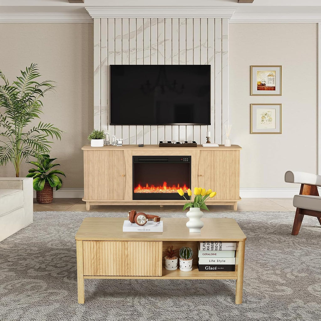 TV Stand and Coffee Table Set, Rectangle Fluted Coffee Table and TV Stand with Storage and Sliding Doors, Light Wood Coffee Table and TV Stand Set, Mid Century Modern Boho Style (Natural)