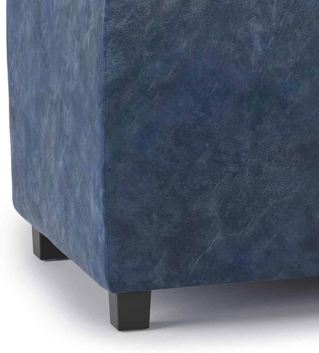 SIMPLIHOME Avalon Storage Ottoman - 42 inch Wide Upholstered Vegan Leather Rectangular Flip-Top Ottoman in Denim Blue, Contemporary Coffee Table Ottoman for Living Room with Hidden Storage