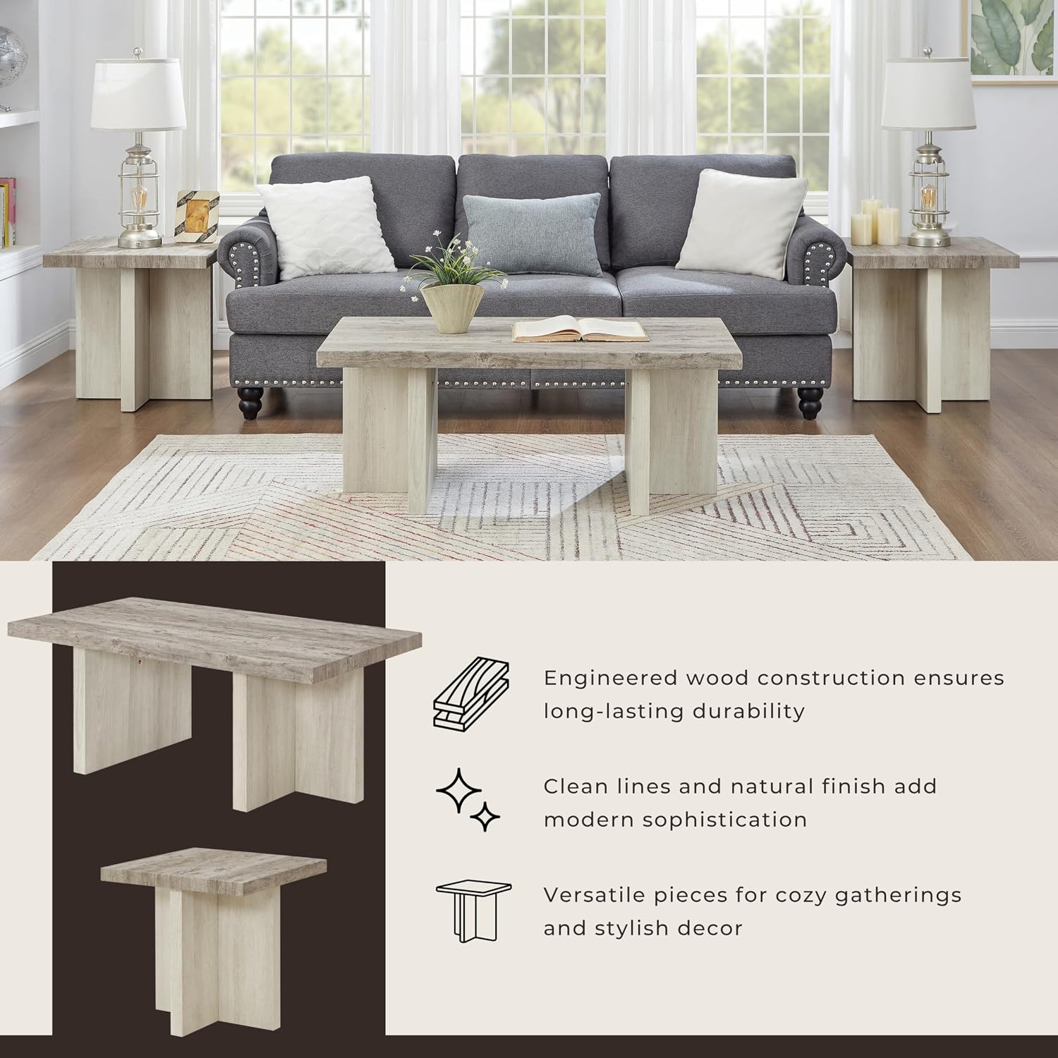 Roundhill Furniture Mchome 3-Piece Coffee Table Set, Coffee Table and Two End Tables, Weathered Gray and Beige