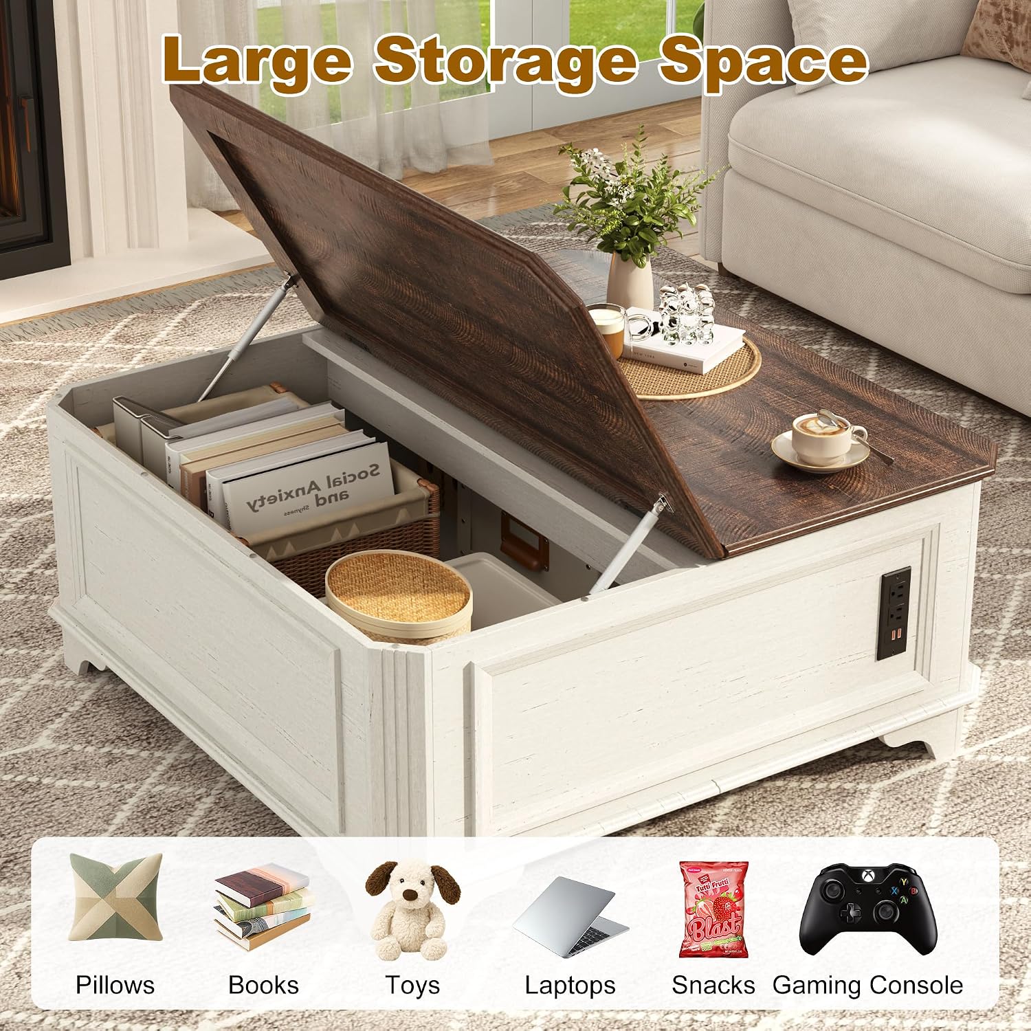 St.Mandyu 40 Inch Farmhouse Lift Top Coffee Table with Charging Station & Hidden Storage - Square Center Table with Lifting Top, Large Storage Cabinet for Living Room, Bedroom, Home Office, White