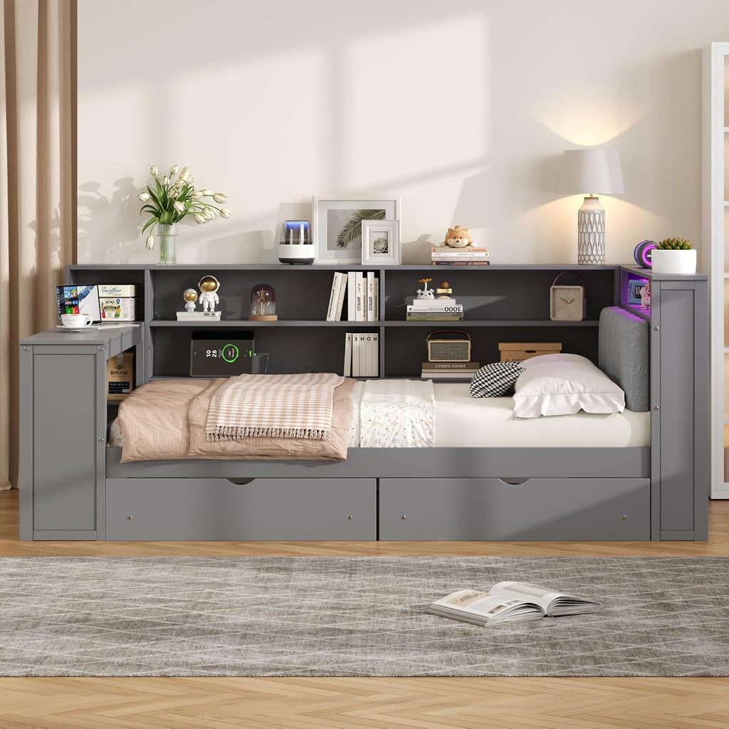 Wood Full Size Daybed with Storage Shelves and Desk, L-Shaped Corner Platform Bed Frame with Upholstered Headboard and 2 Drawers for Office Living Room Bedroom, Space-saving (Grey-7.16, Full)