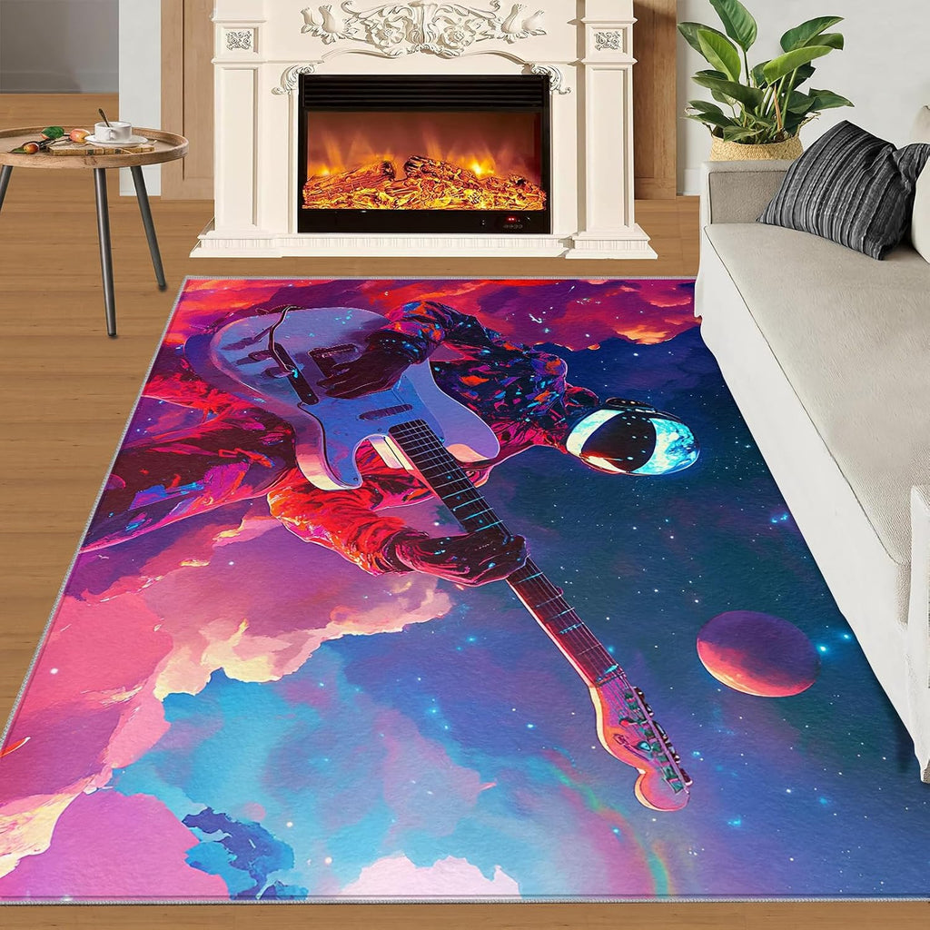 Guitar Rugs for Music Room - 5x7 Rug, Passion Rock Rug, Music Lovers Washable Area Rugs for Bedroom, Fantasy Galaxy Carpet, Boys Room Carpet - Guitar Home Decor & Gift