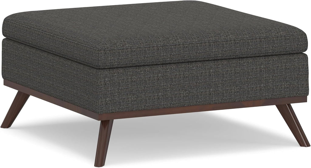 SIMPLIHOME Owen 36 inch Wide Mid Century Modern Square Coffee Table Storage Ottoman in Ebony Tweed Look Fabric, Assembled, for the Living Room, Entryway and Family Room