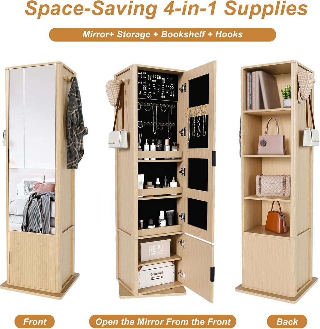 360° Rotating Makeup Storage Cabinet with Full-Length Mirror, Jewelry Armoire Organizer, Freestanding Bookshelf Tower, Coat Hook Stand, Hidden Shelves, Space-Saving Bedroom Furniture (Walnut)