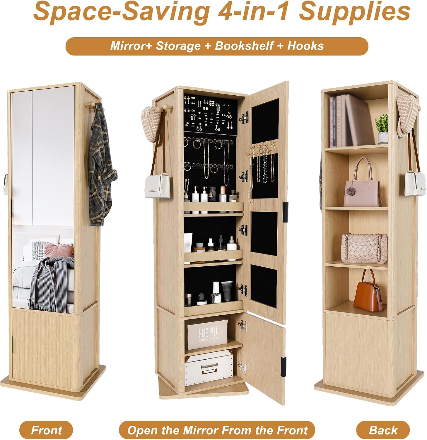 360° Rotating Makeup Storage Cabinet with Full-Length Mirror, Jewelry Armoire Organizer, Freestanding Bookshelf Tower, Coat Hook Stand, Hidden Shelves, Space-Saving Bedroom Furniture (Walnut)