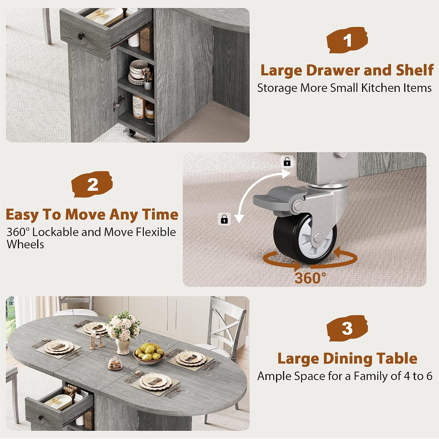 Jocoevol Round Folding Dining Table for 4, Space Saving Drop Leaf Kitchen Table with Storage Drawer, 6 Wheels Oval Gateleg Foldable Dining Table for Small Spaces (Grey, 47' x 23.6' x 30')