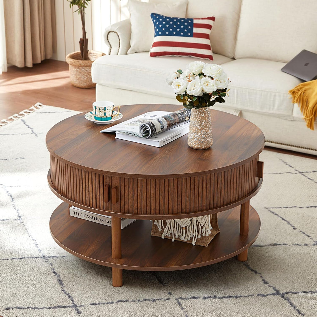 RARZOE 31.5' Round Coffee Table with Storage, Wood Circle Coffee Table with Sliding Cabinet Doors, Fluted Dining Table Accent Center Table for Living Room Home Office Apartment, Walnut