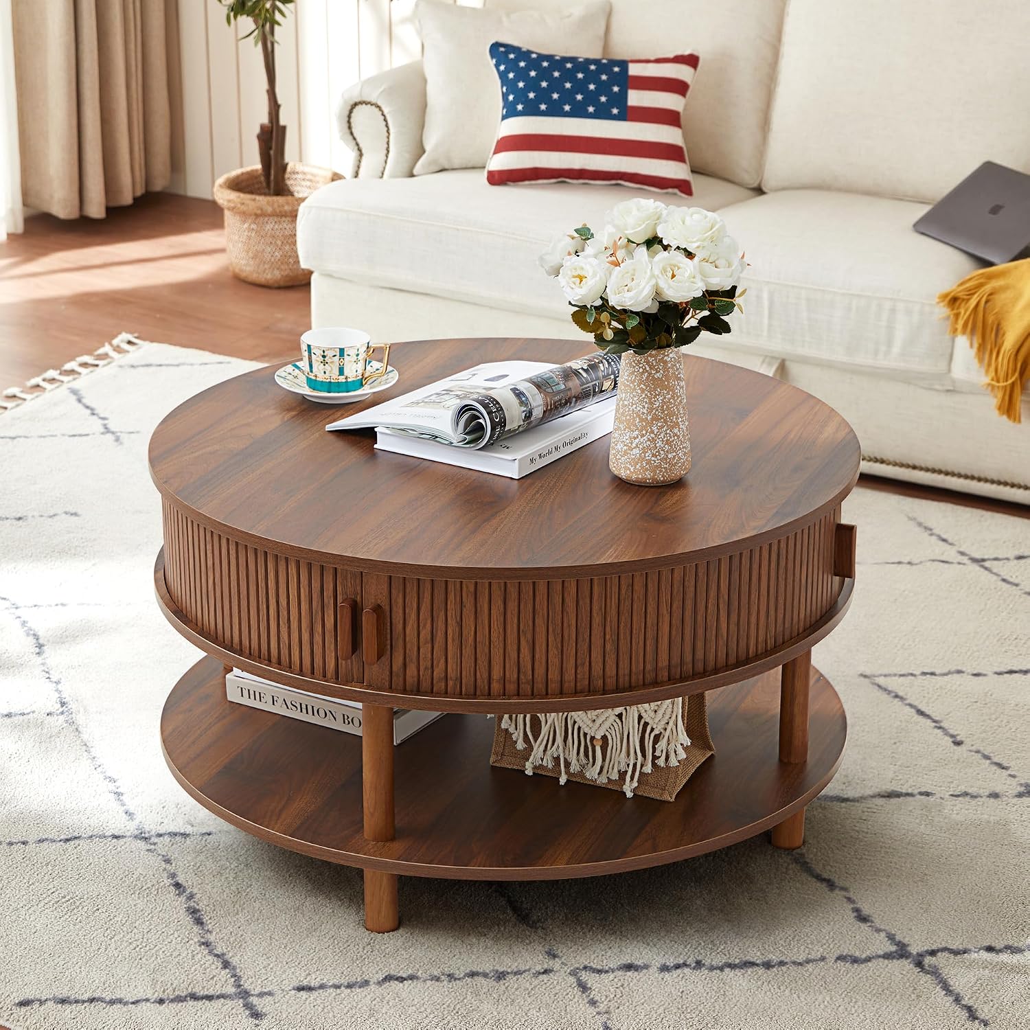 RARZOE 31.5' Round Coffee Table with Storage, Wood Circle Coffee Table with Sliding Cabinet Doors, Fluted Dining Table Accent Center Table for Living Room Home Office Apartment, Walnut