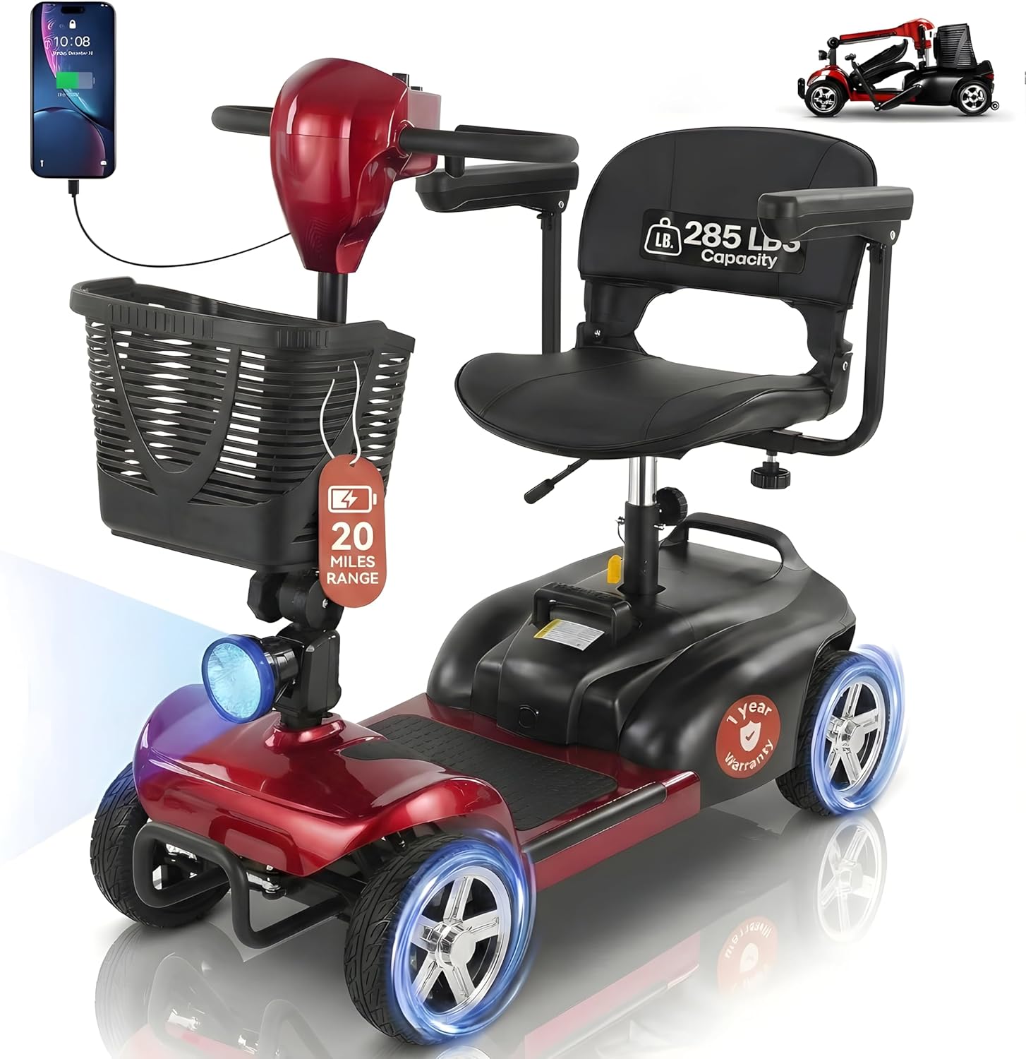 DECOMIL Mobility Scooter for Seniors – 20 Miles Range, 4 Wheel Foldable Electric Scooter, 24V 20Ah Battery, 300W Motor, 285 lbs Capacity, Travel Scooter with USB Charging Input,