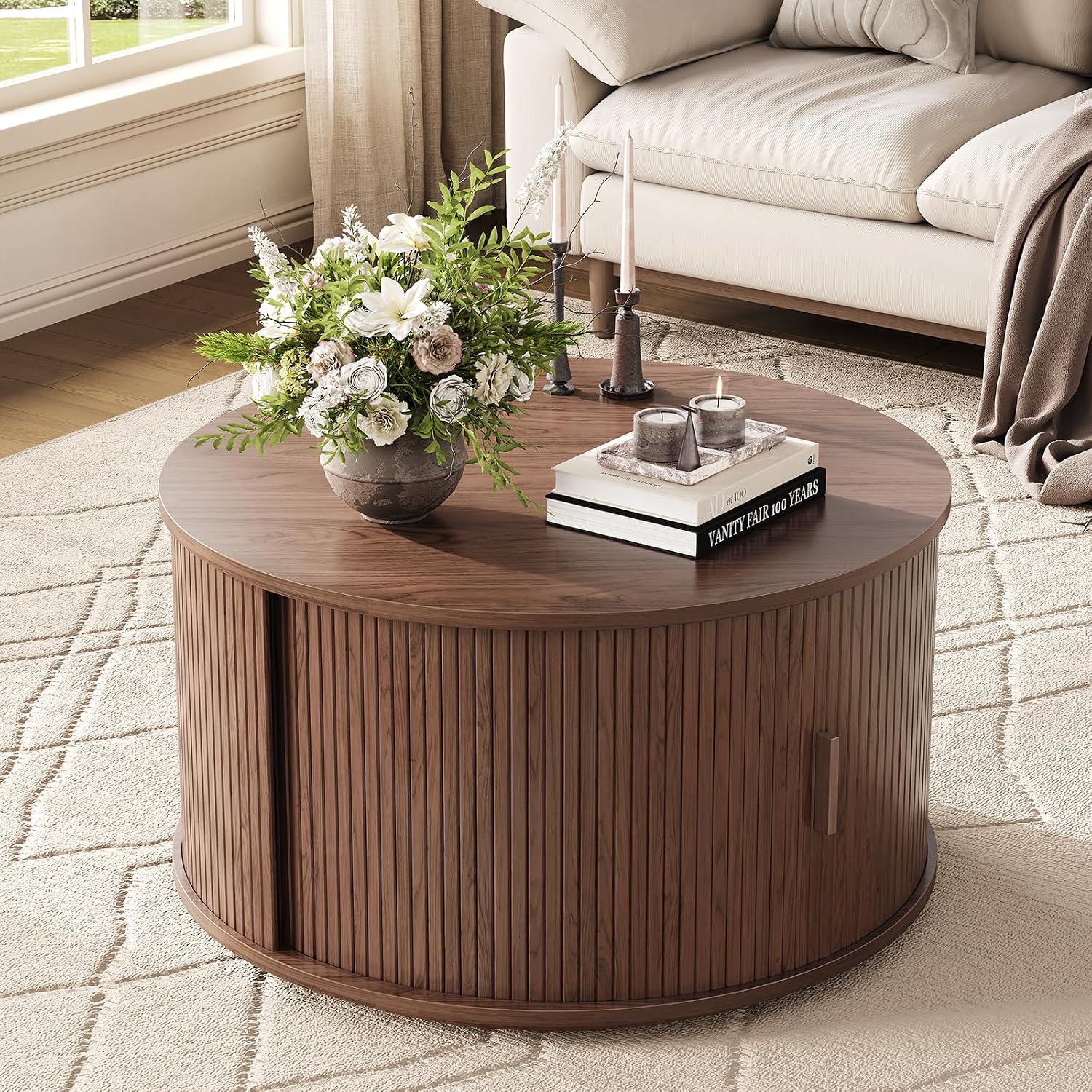 ONBRILL Round Coffee Table with Storage, 31.5' Mid Century Modern Center Table with Sliding Door & Dual Hidden Storage, Fluted Accent Coffee Table for Living Room, Small Space, Walnut
