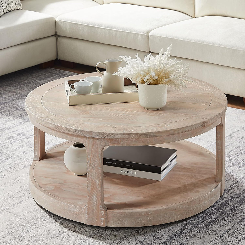 JUSTONE 40' Round Coffee Table,2-Tier Rustic Industrial Style for Living Room & Apartments, Easy Assembly Center Table(Oak)