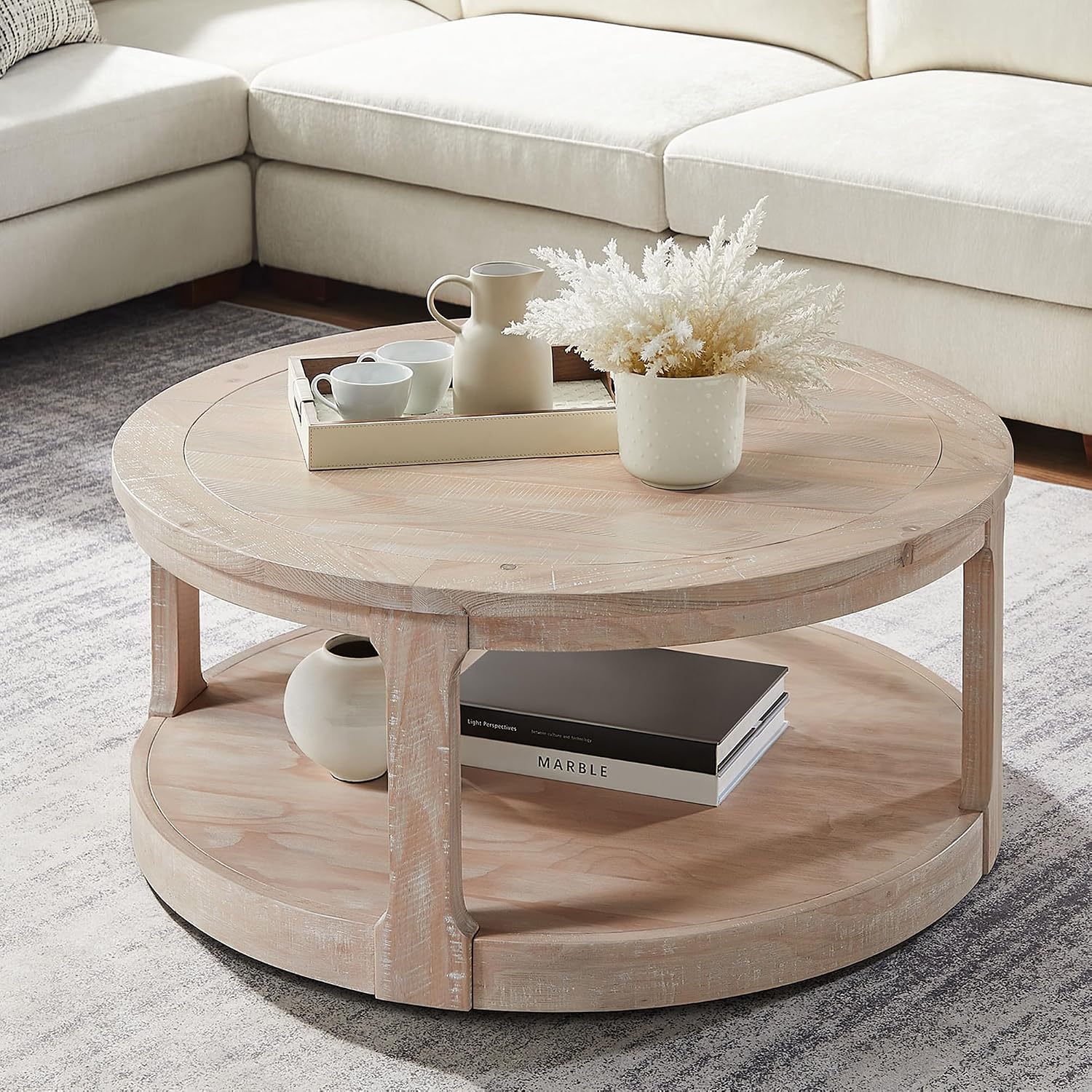 JUSTONE 40' Round Coffee Table,2-Tier Rustic Industrial Style for Living Room & Apartments, Easy Assembly Center Table(Oak)