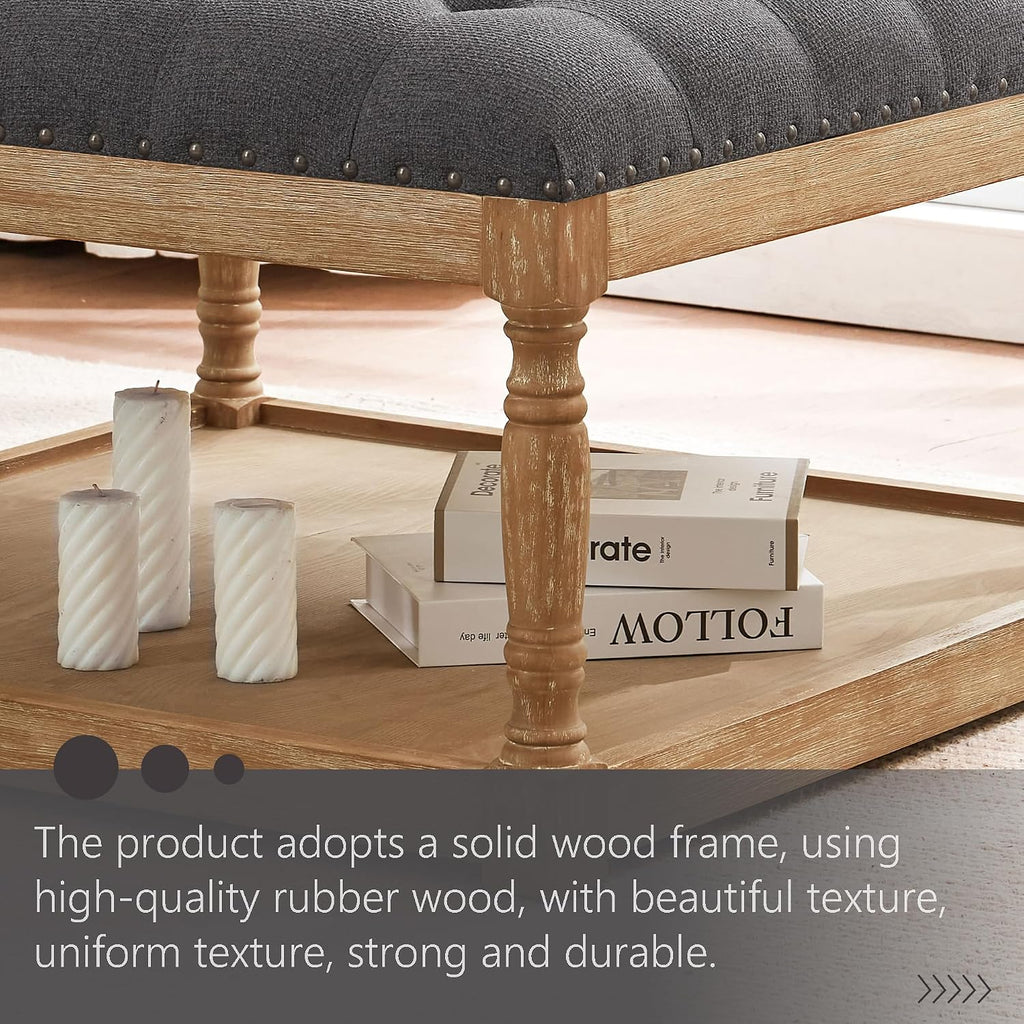 HUIMO 33-inch Large Square Ottoman Coffee Tables for Living Room, Tufted Upholstered Linen Ottoman with Storage Shelf and Solid Legs for Office Bedroom Farmhouse (Dark Grey)